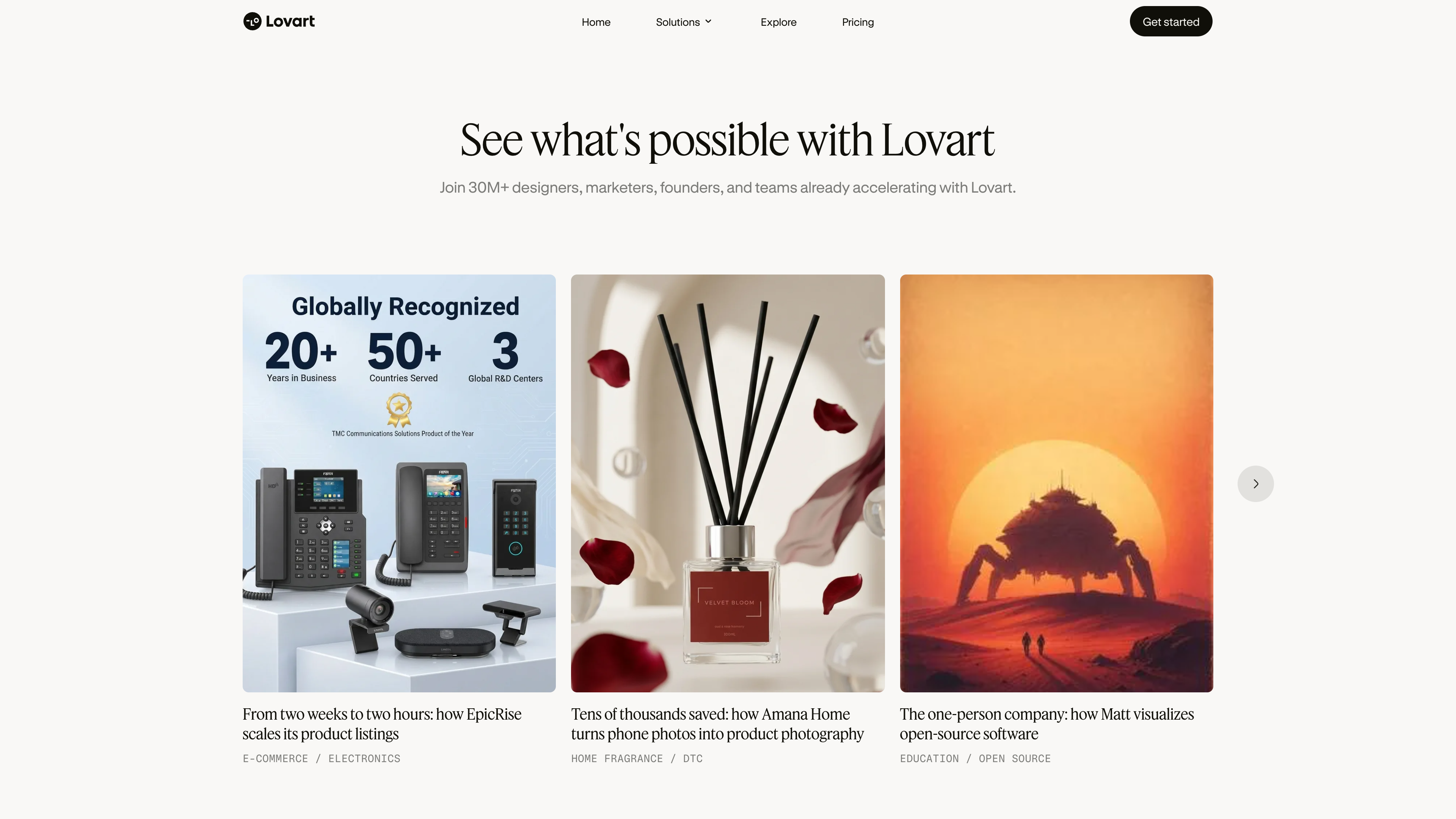 Lovart's Explore page: a carousel of customer stories spanning e-commerce, home fragrance, and open-source software