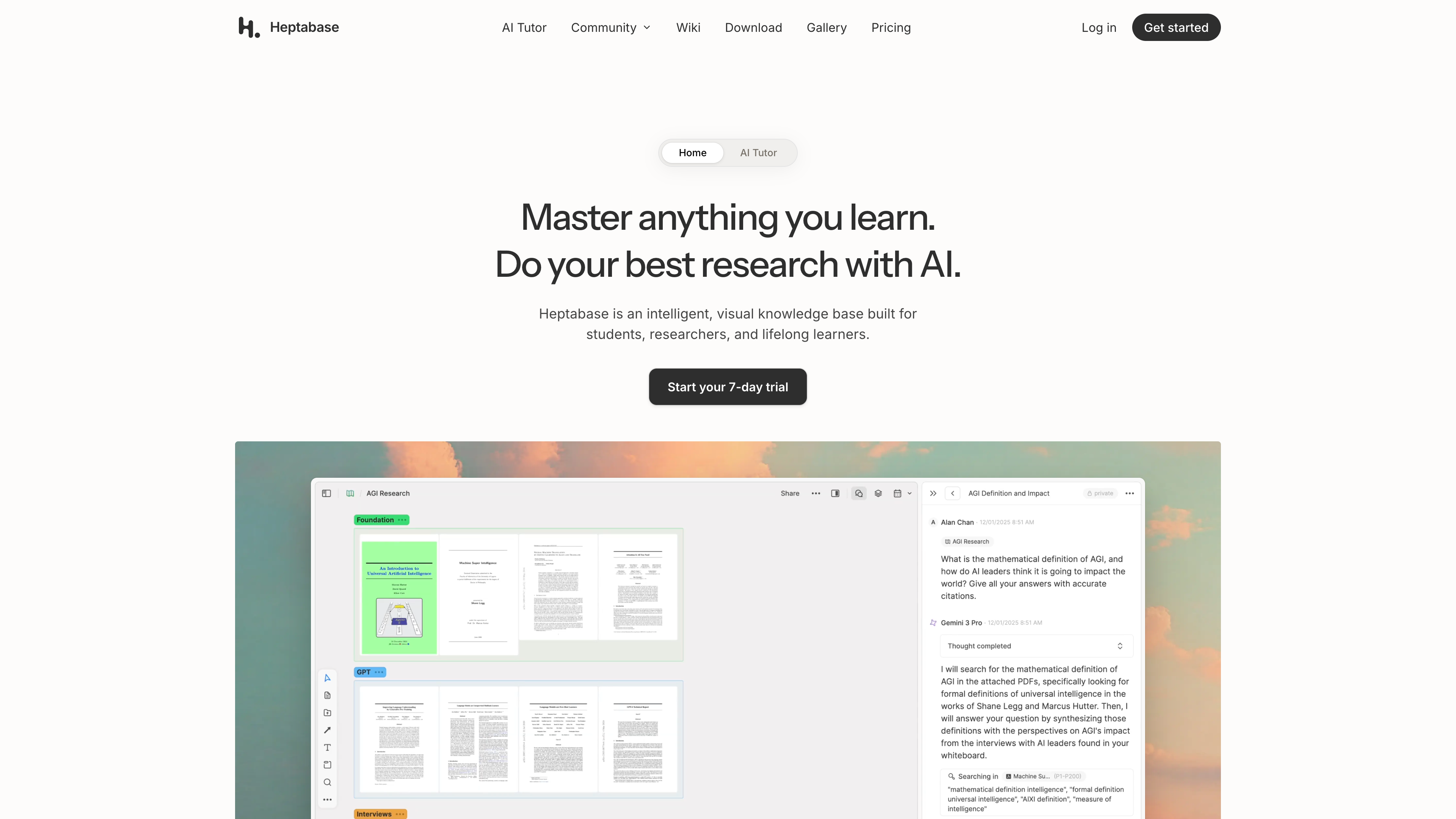 The Heptabase homepage: the tagline "Master anything you learn. Do your best research with AI." with a 7-day trial button
