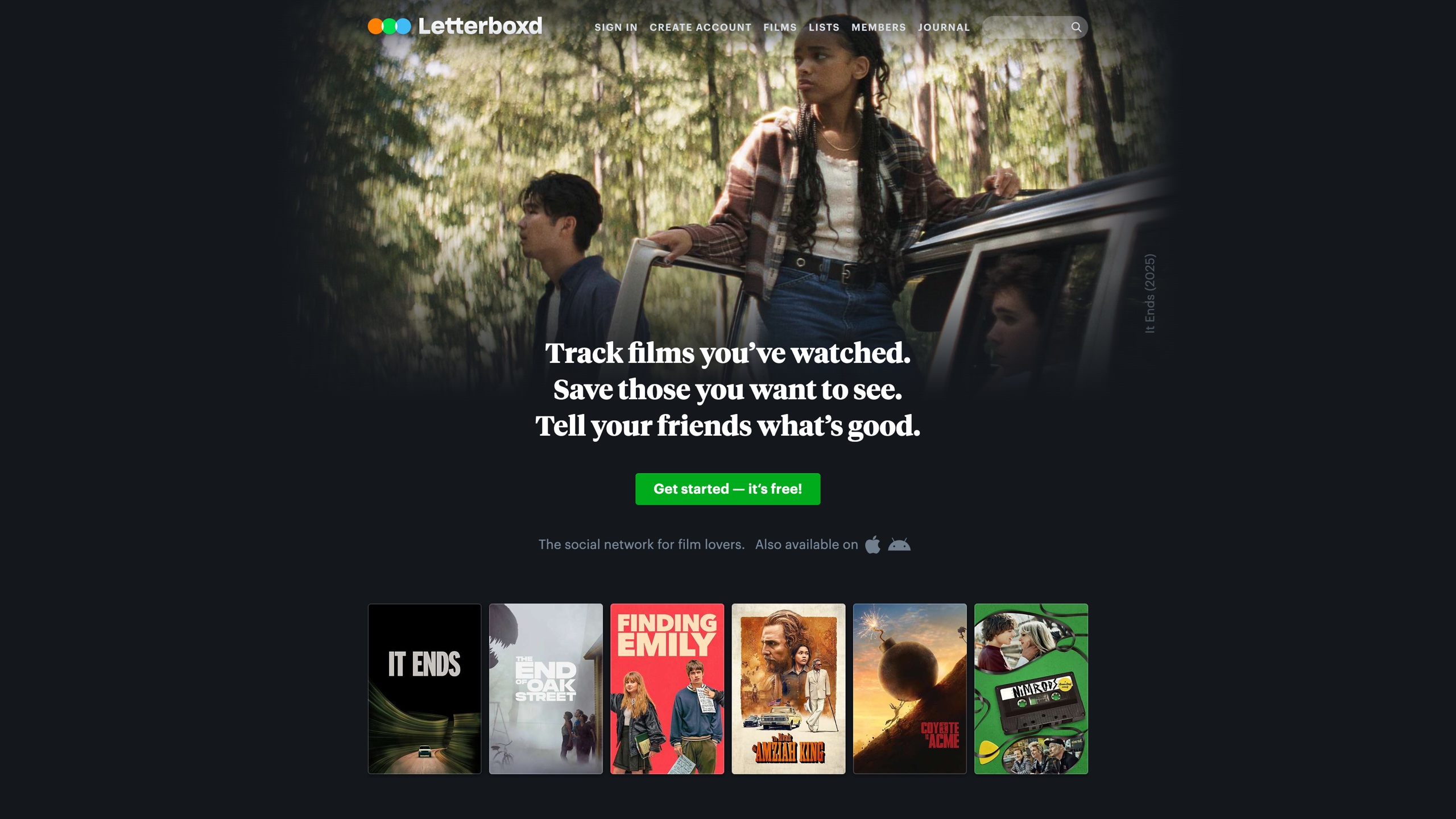 The Letterboxd homepage: a three-line pitch above a stream of popular posters