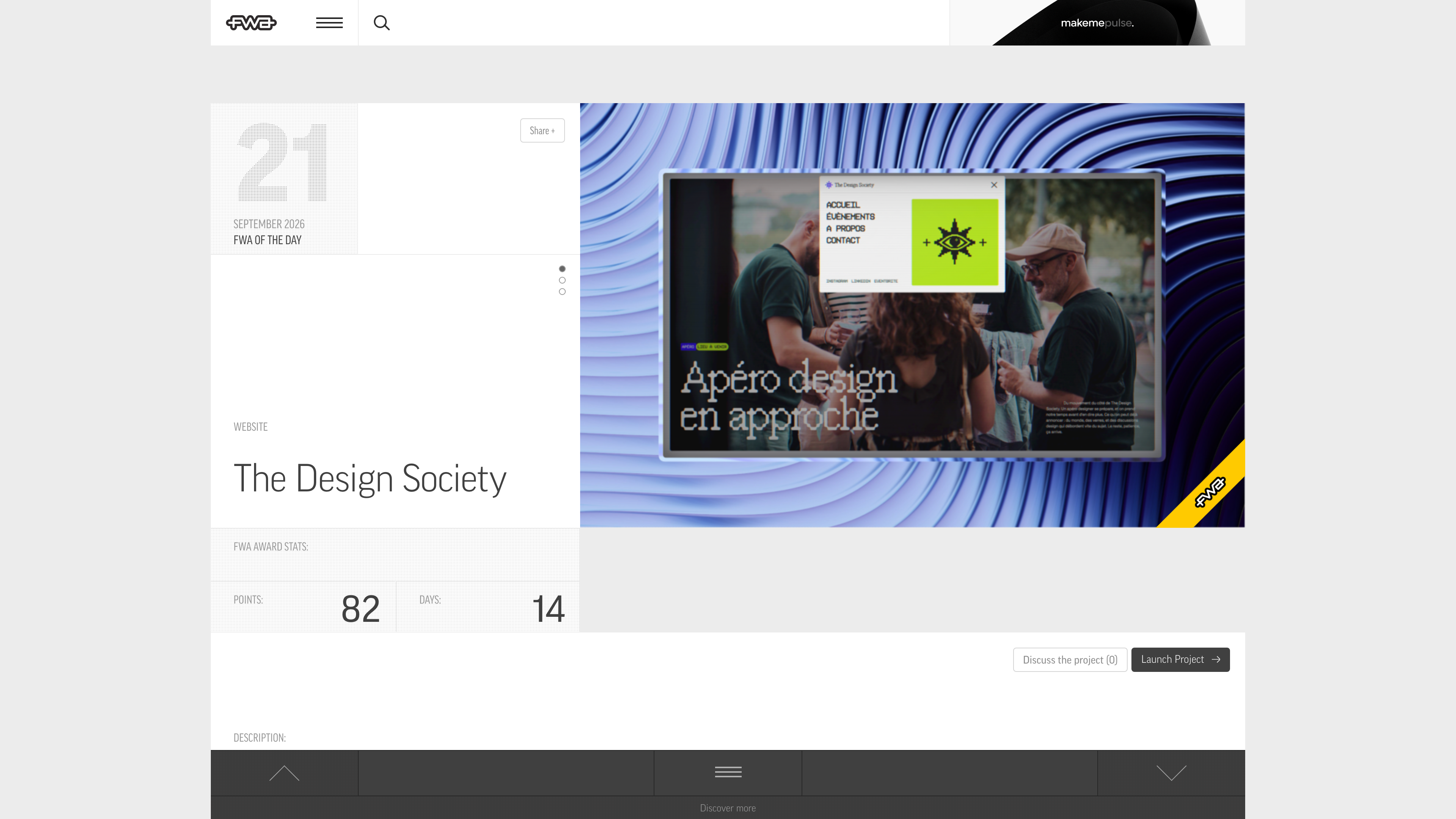 An FWA winner case page: The Design Society, FOTD of 21 September 2026