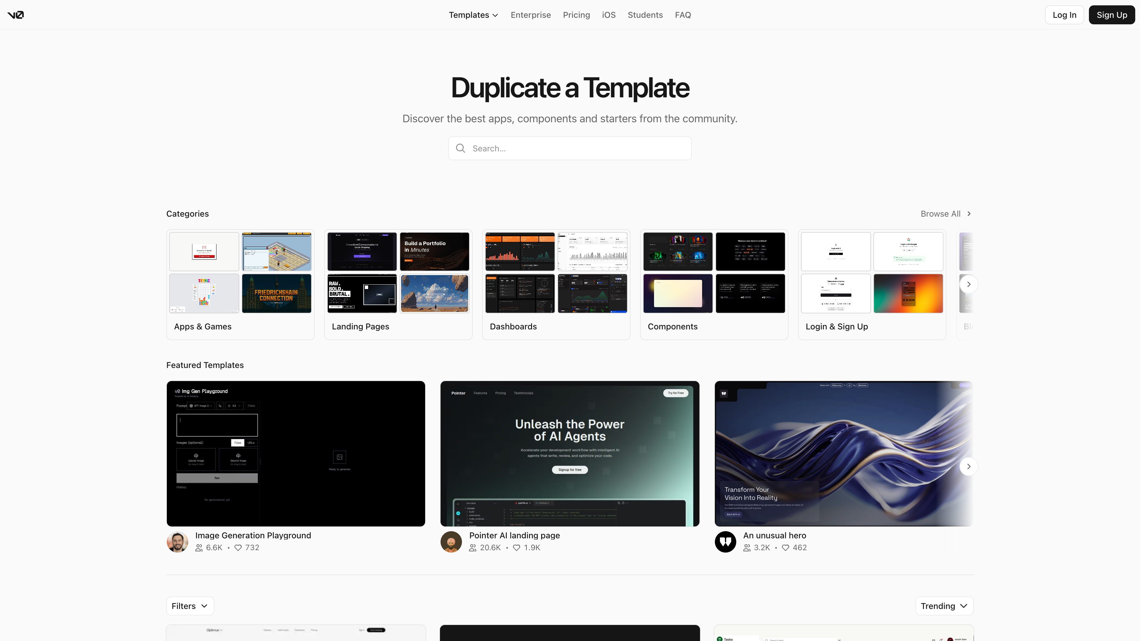 The v0 template gallery: “Duplicate a Template” with categories of community-published apps, components, and starters