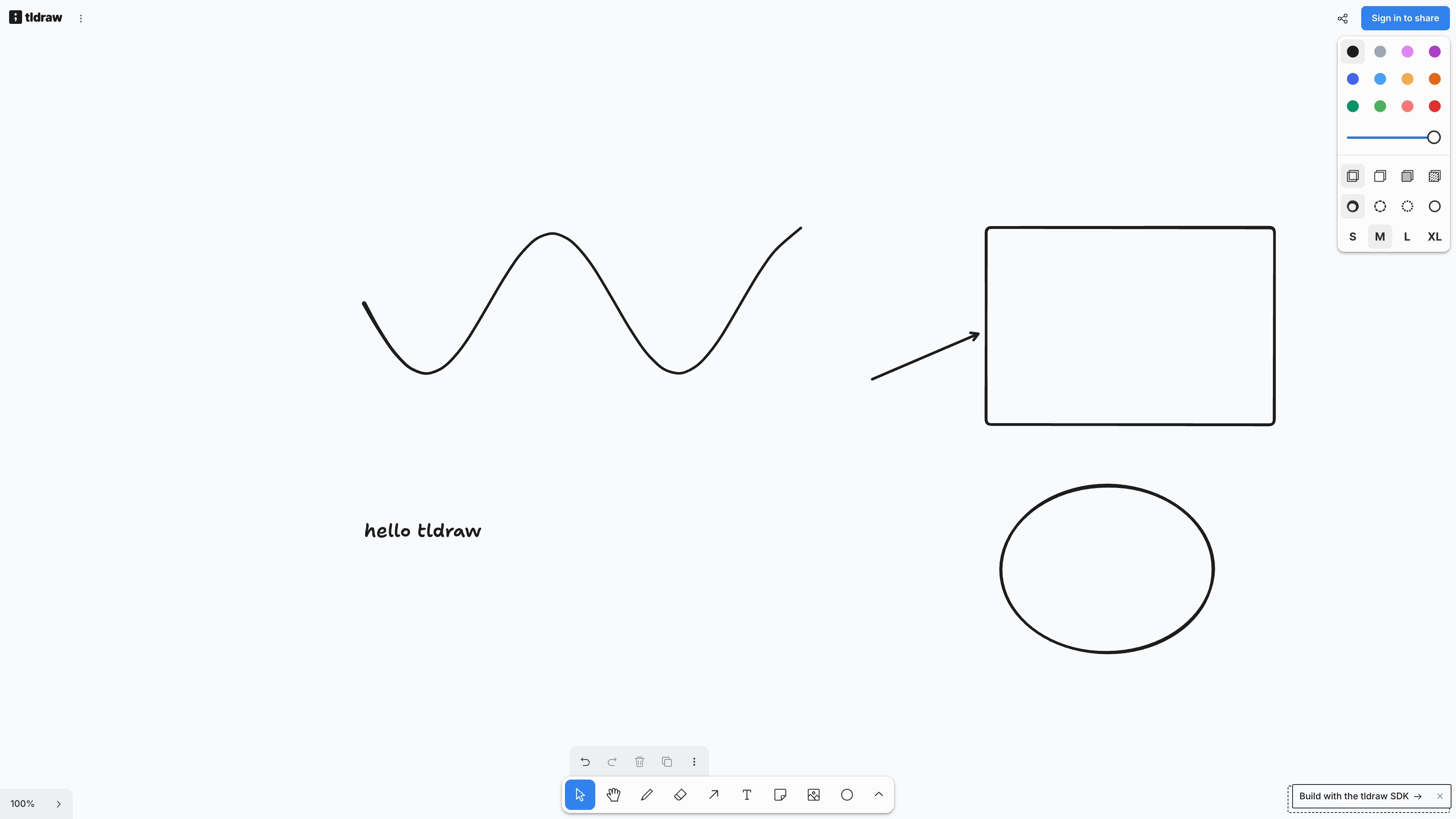 The tldraw.com whiteboard while signed out: a hand-drawn curve, rectangle, ellipse, arrow, and text label, with the toolbar at the bottom and the style panel on the right