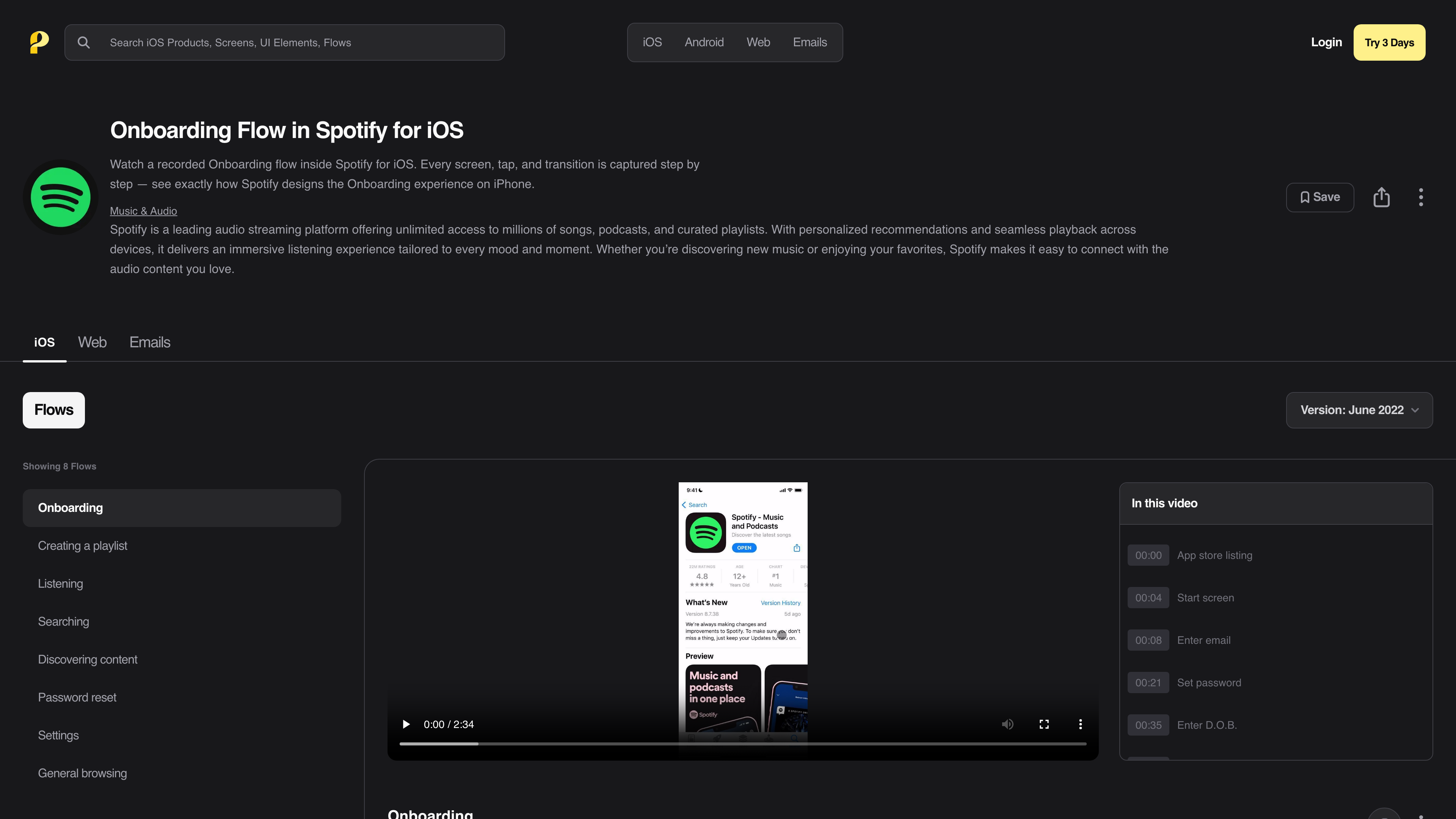 The Spotify iOS onboarding flow page: video player, version switcher and annotation timeline