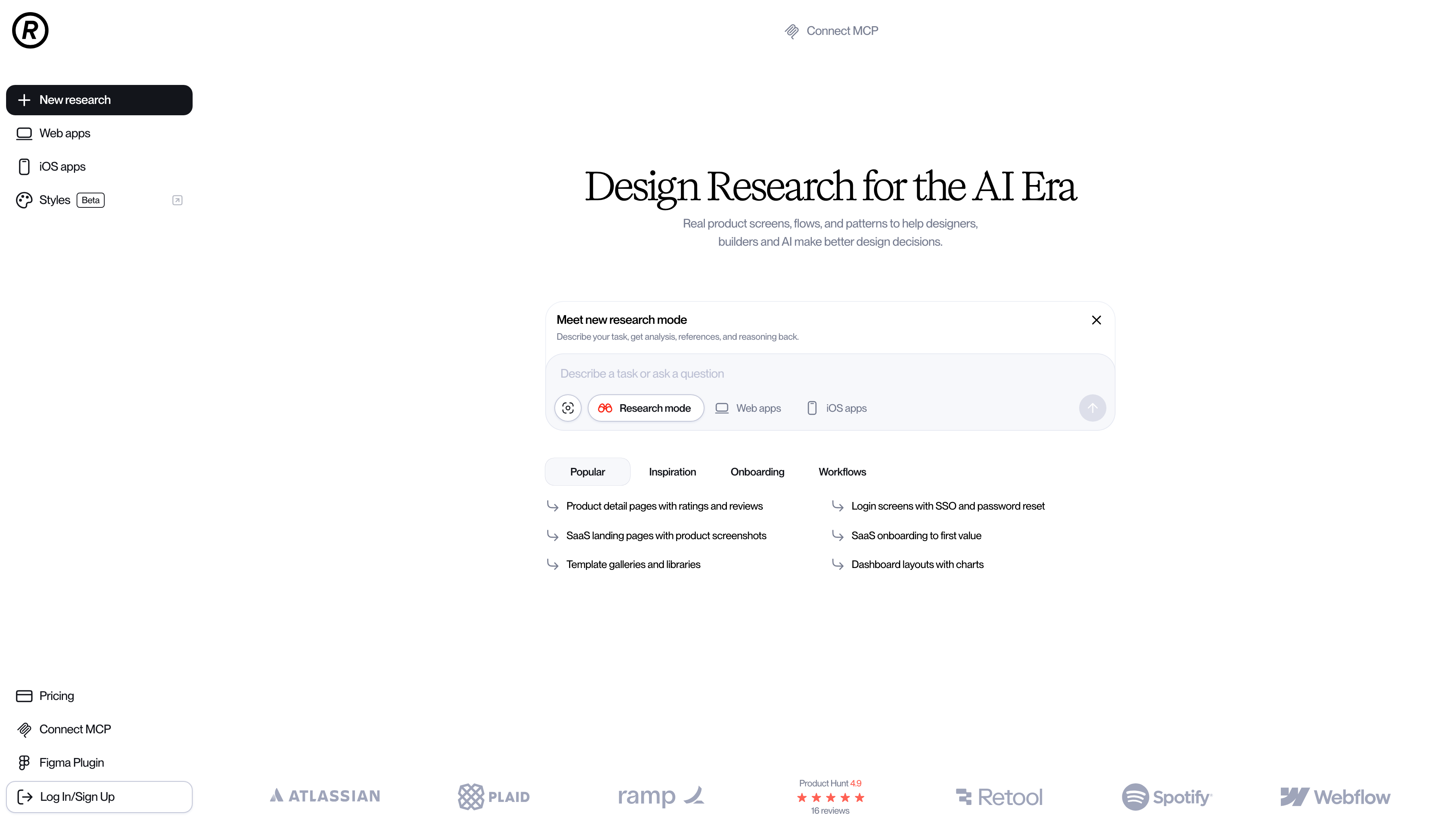 Refero homepage with the research-mode prompt and popular search topics