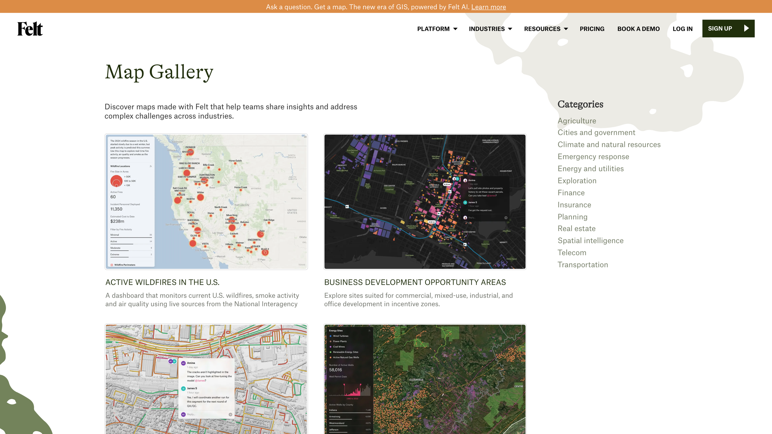 Felt's Map Gallery page: public map cards on the left (an active U.S. wildfires dashboard, business development opportunity areas), industry categories on the right