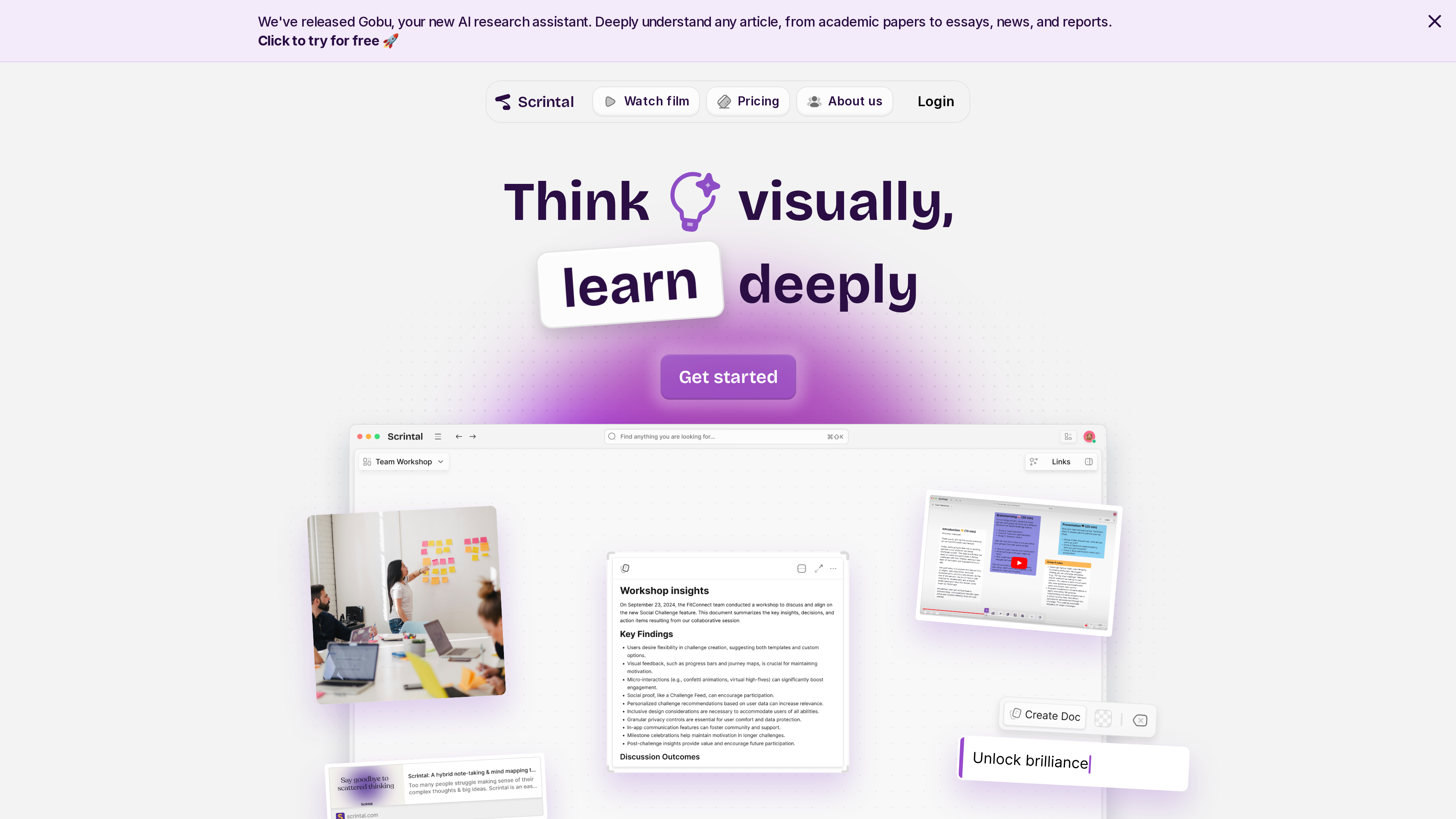 Scrintal 官網首頁截圖：頂部為新產品 Gobu 公告橫幅，主視覺標語為「Think visually, learn deeply」，下方展示應用程式畫布介面，包含圖片、文件卡片與「Create Doc」按鈕