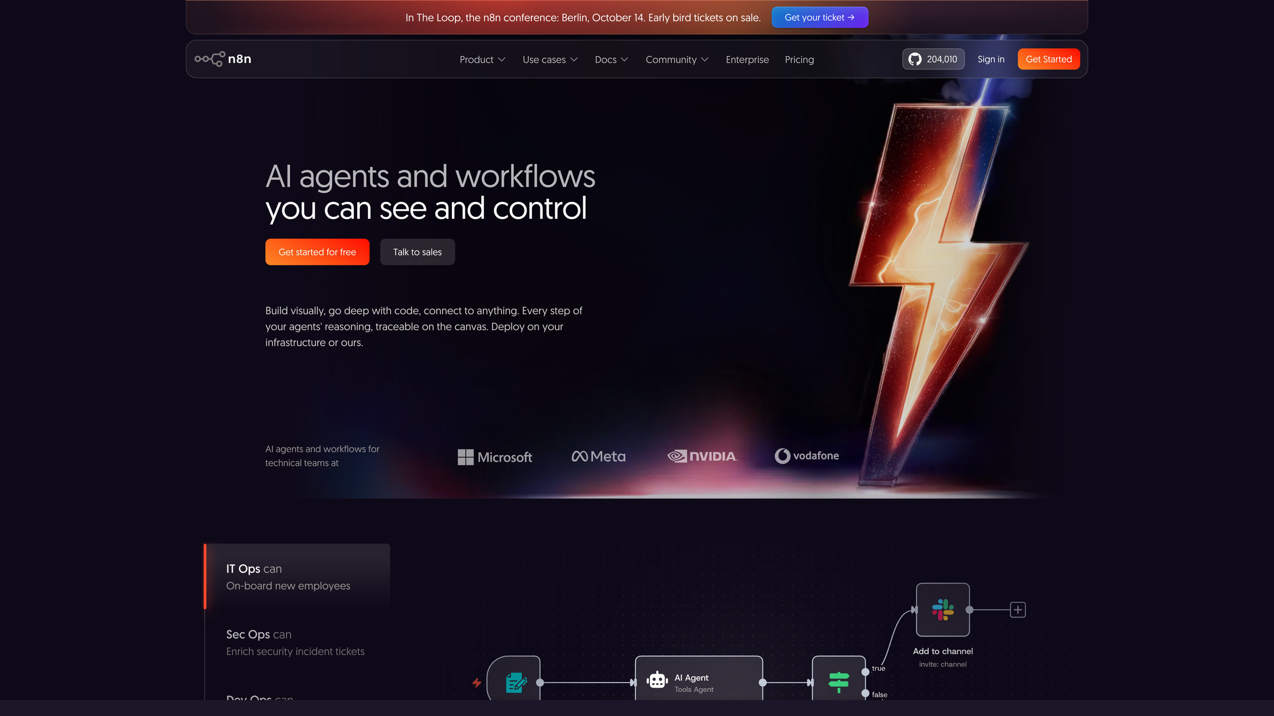 The n8n homepage: the hero reads “AI agents and workflows you can see and control,” with Microsoft, Meta, NVIDIA, and Vodafone logos below