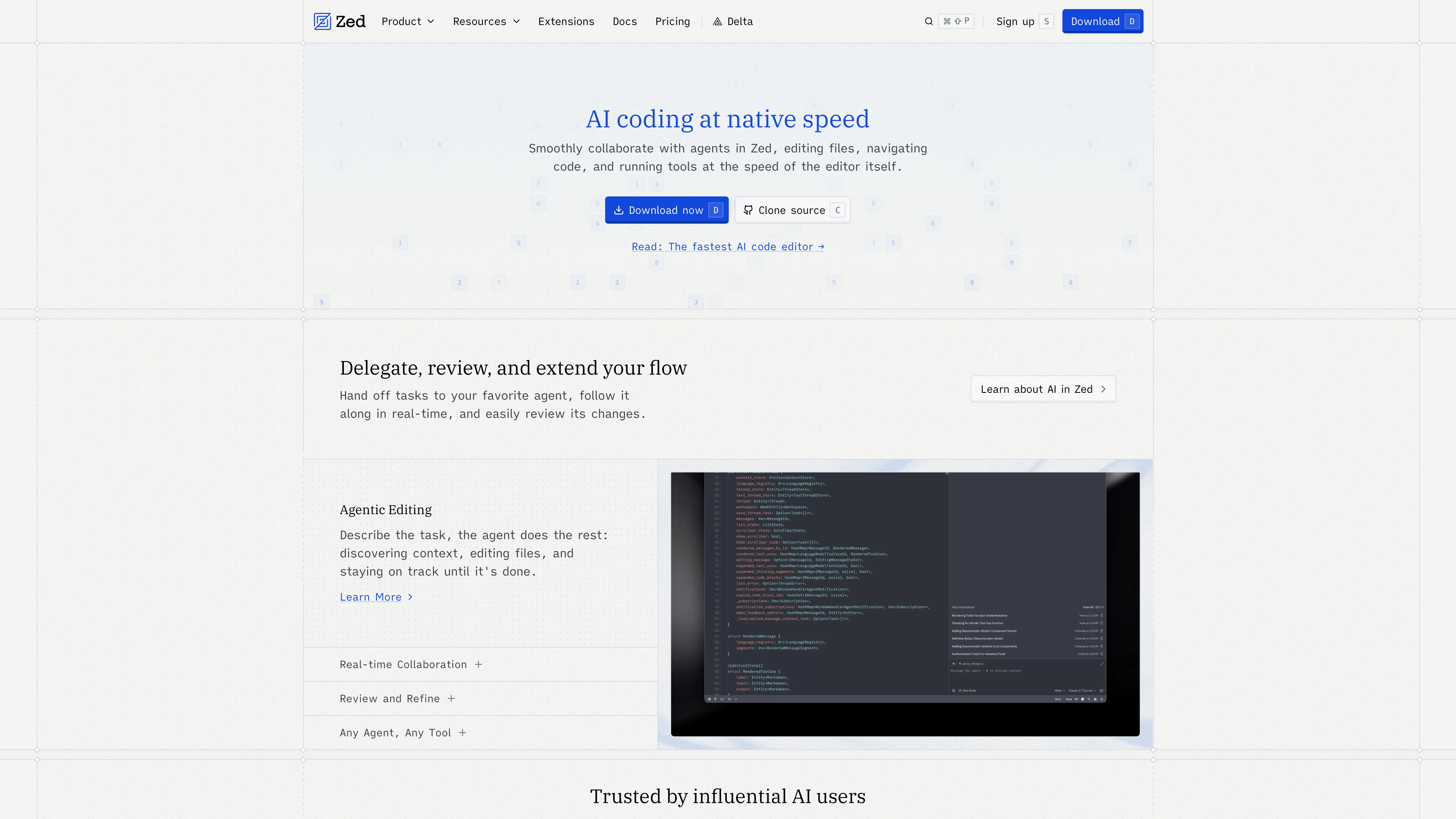 Zed's AI page: “AI coding at native speed,” covering agent delegation, real-time review, and model connection options