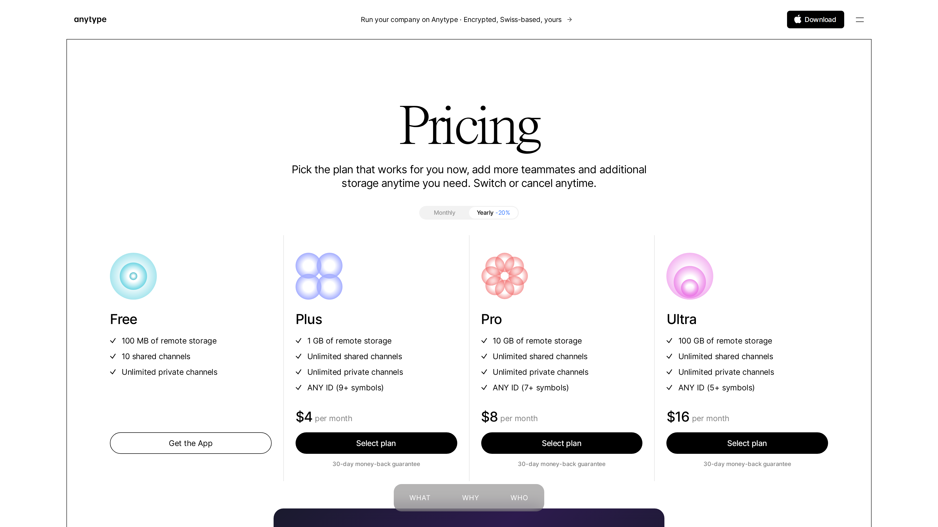 Screenshot of the Anytype pricing page: four plans — Free, Plus ($4/month), Pro ($8/month), Ultra ($16/month) — differing mainly in remote storage, shared channels, and ANY ID length