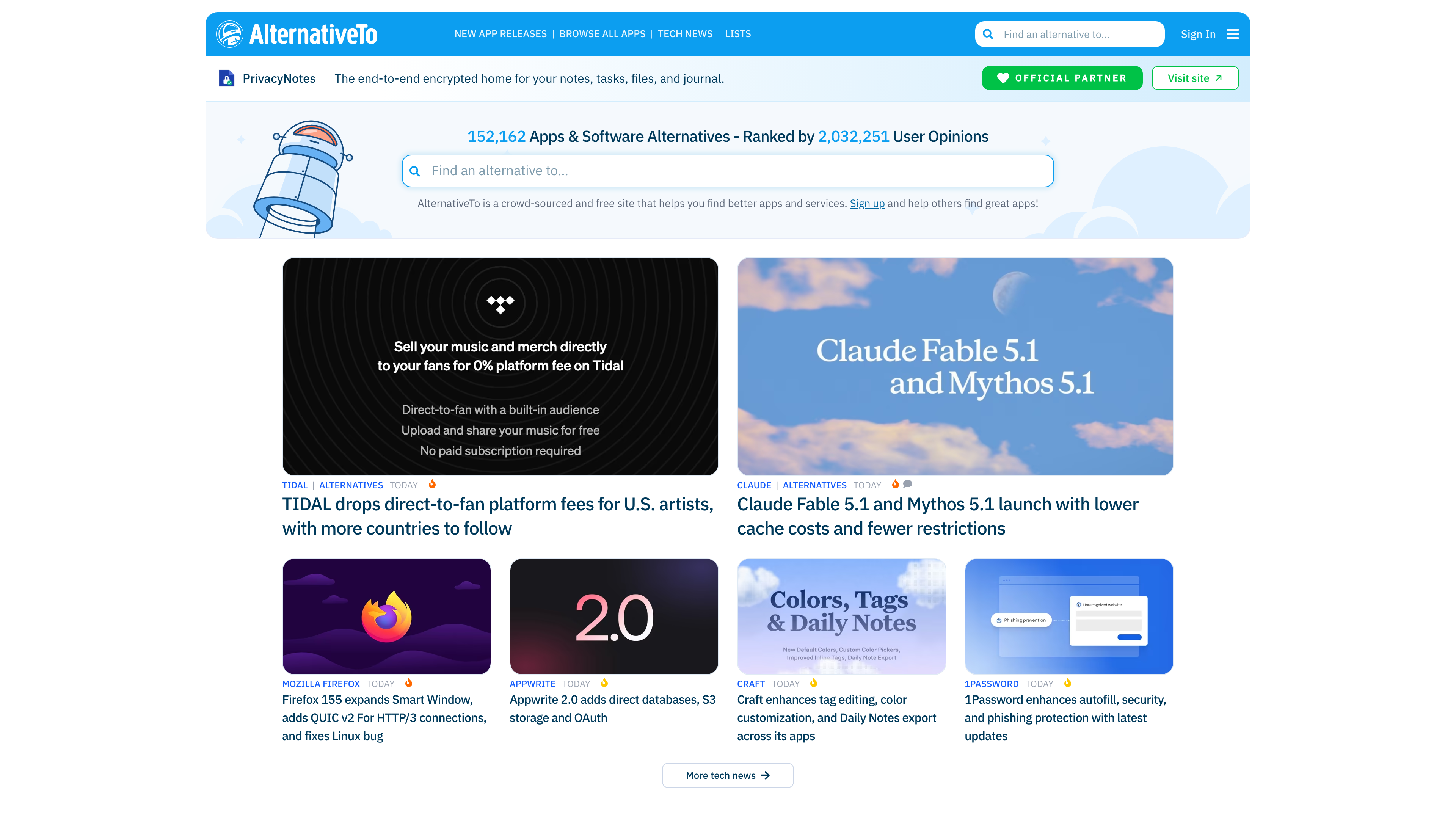 The AlternativeTo homepage: live listing counters above the "Find an alternative to..." search box