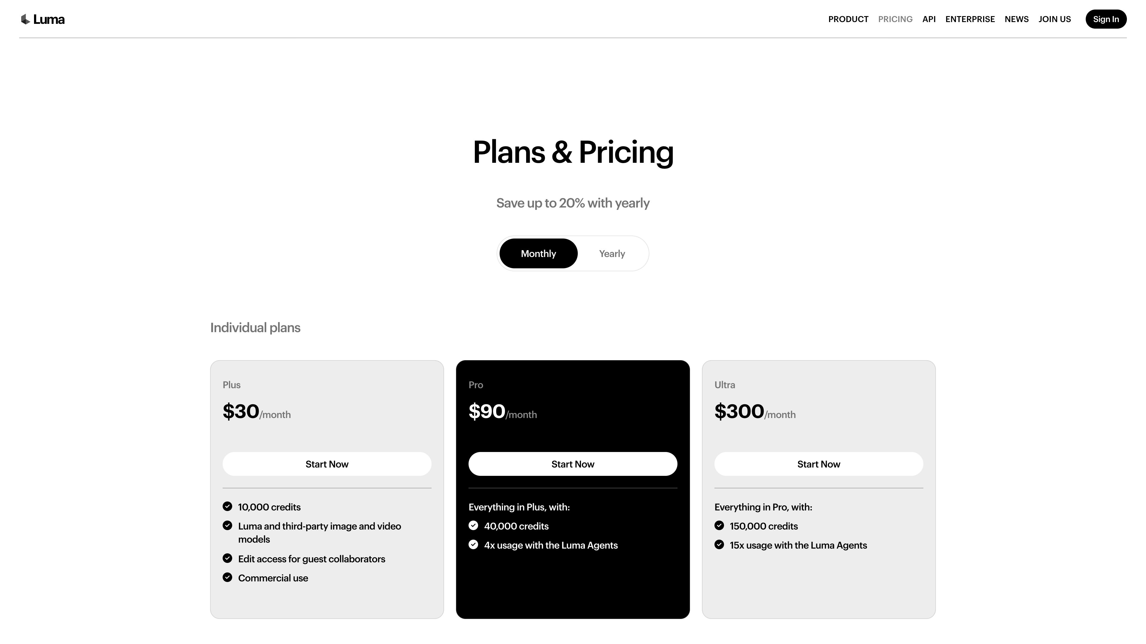 The Luma pricing page: Plus ($30/month), Pro ($90/month), and Ultra ($300/month) individual plans