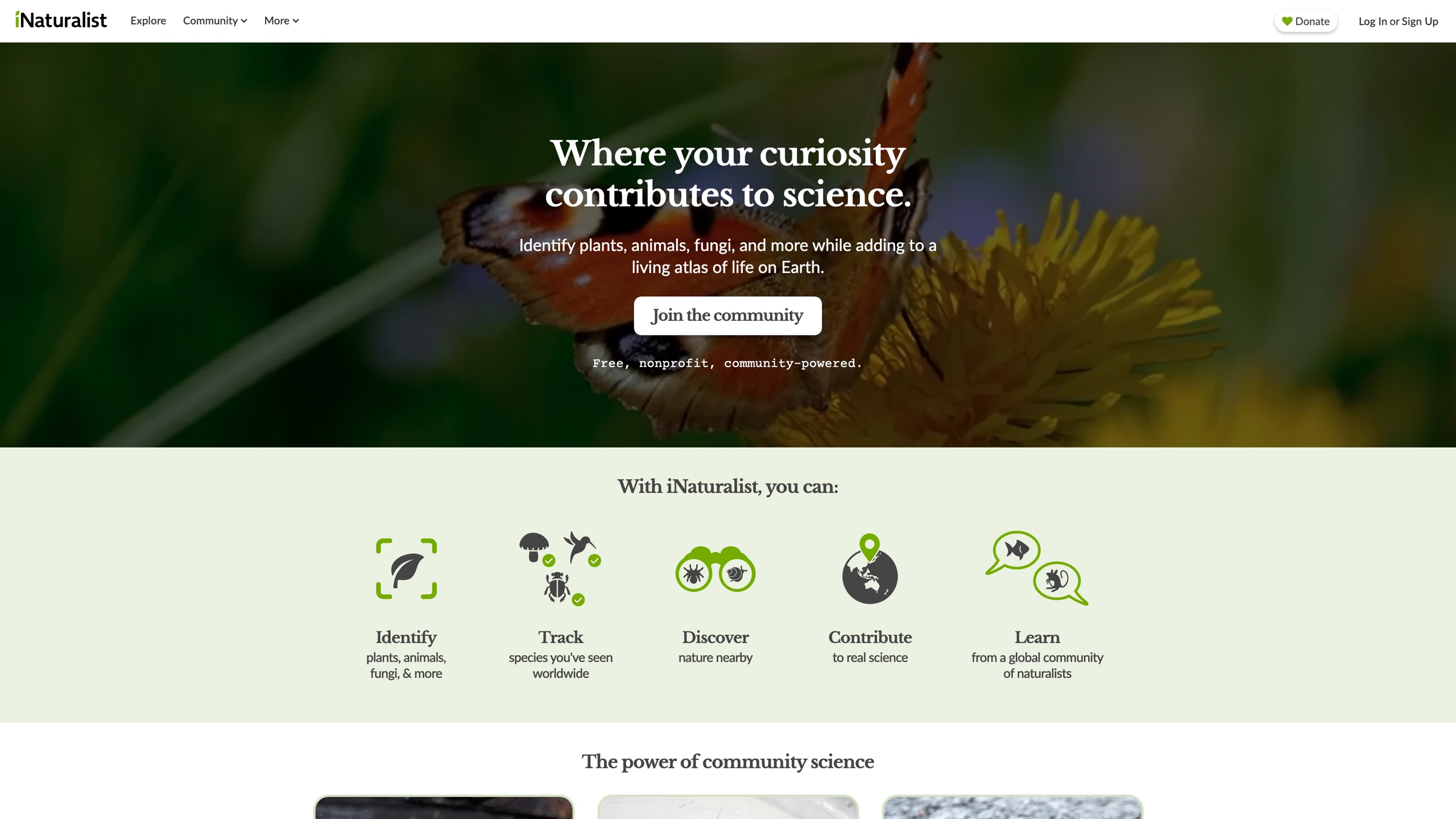 iNaturalist homepage: identify species, track what you've seen, discover nature nearby, contribute to science