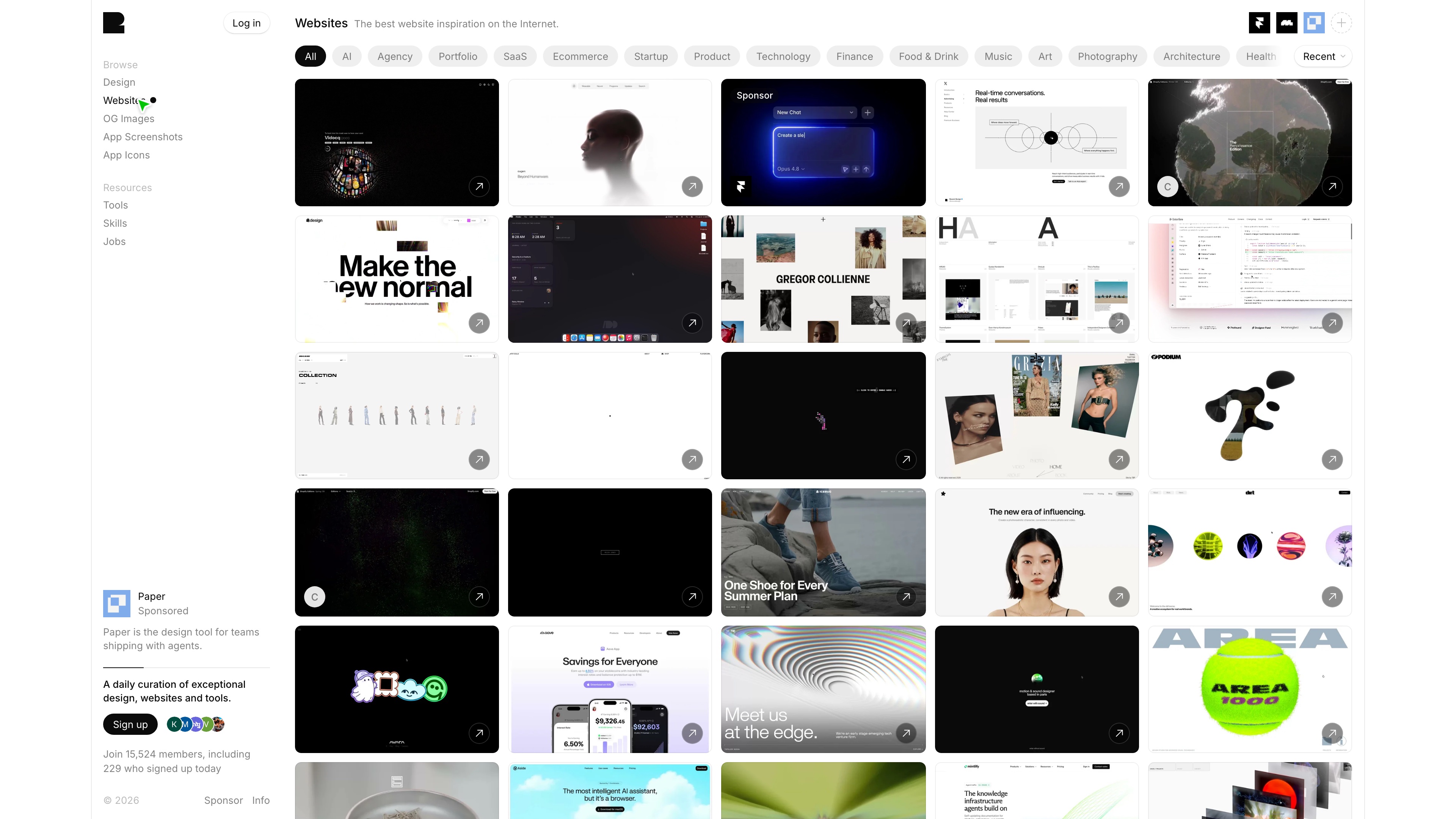 The Websites section groups site designs by industry, continuing Godly's original gallery format
