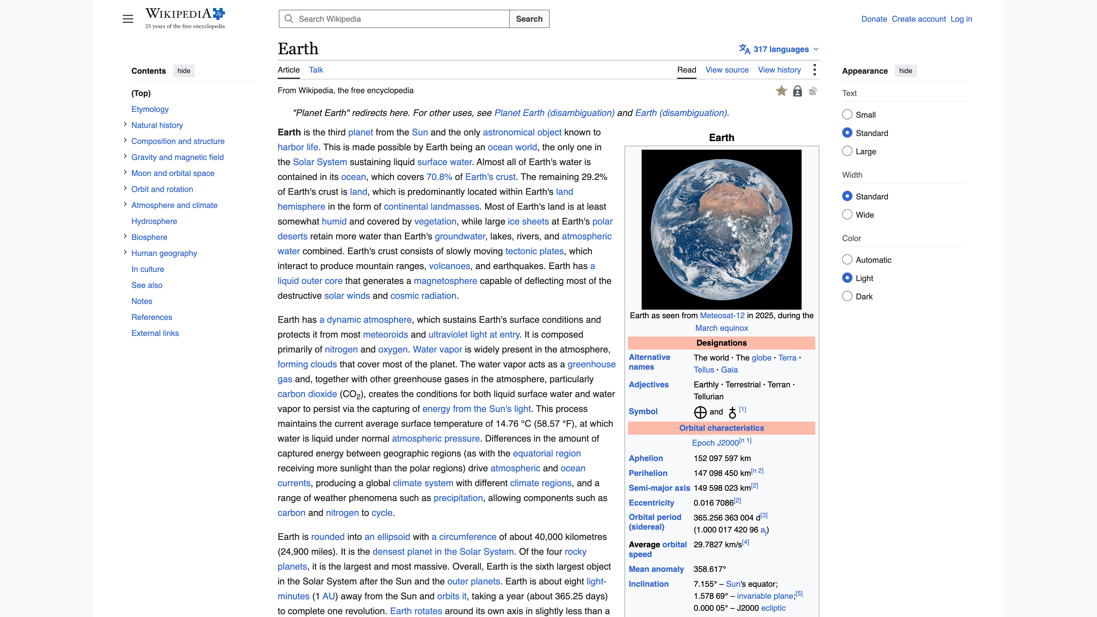 The English Wikipedia article "Earth": table of contents on the left, body text, and an infobox on the right