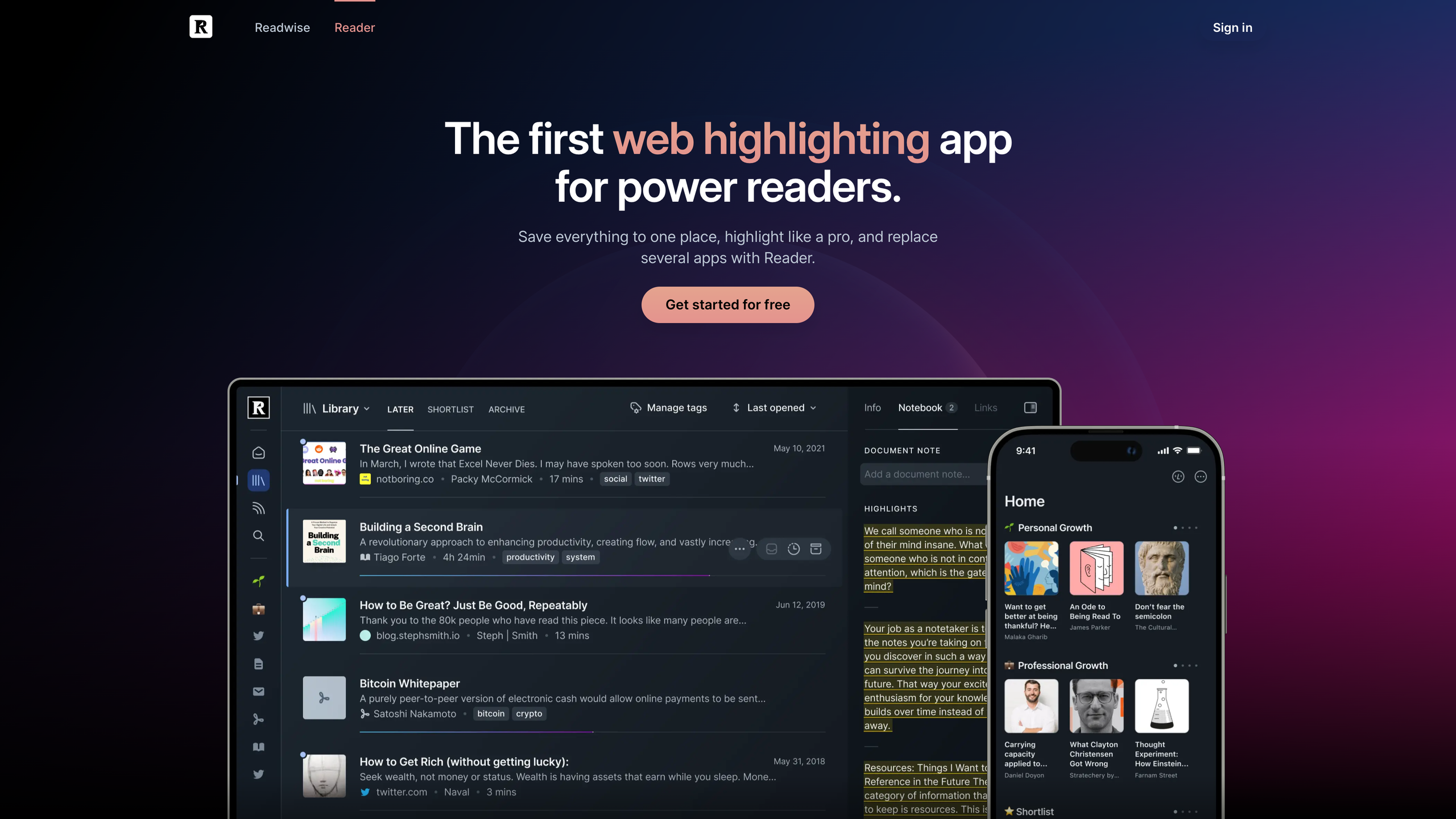 The Readwise Reader homepage — the hero 'The first web highlighting app for power readers' above mockups of the desktop Library and mobile Home screens