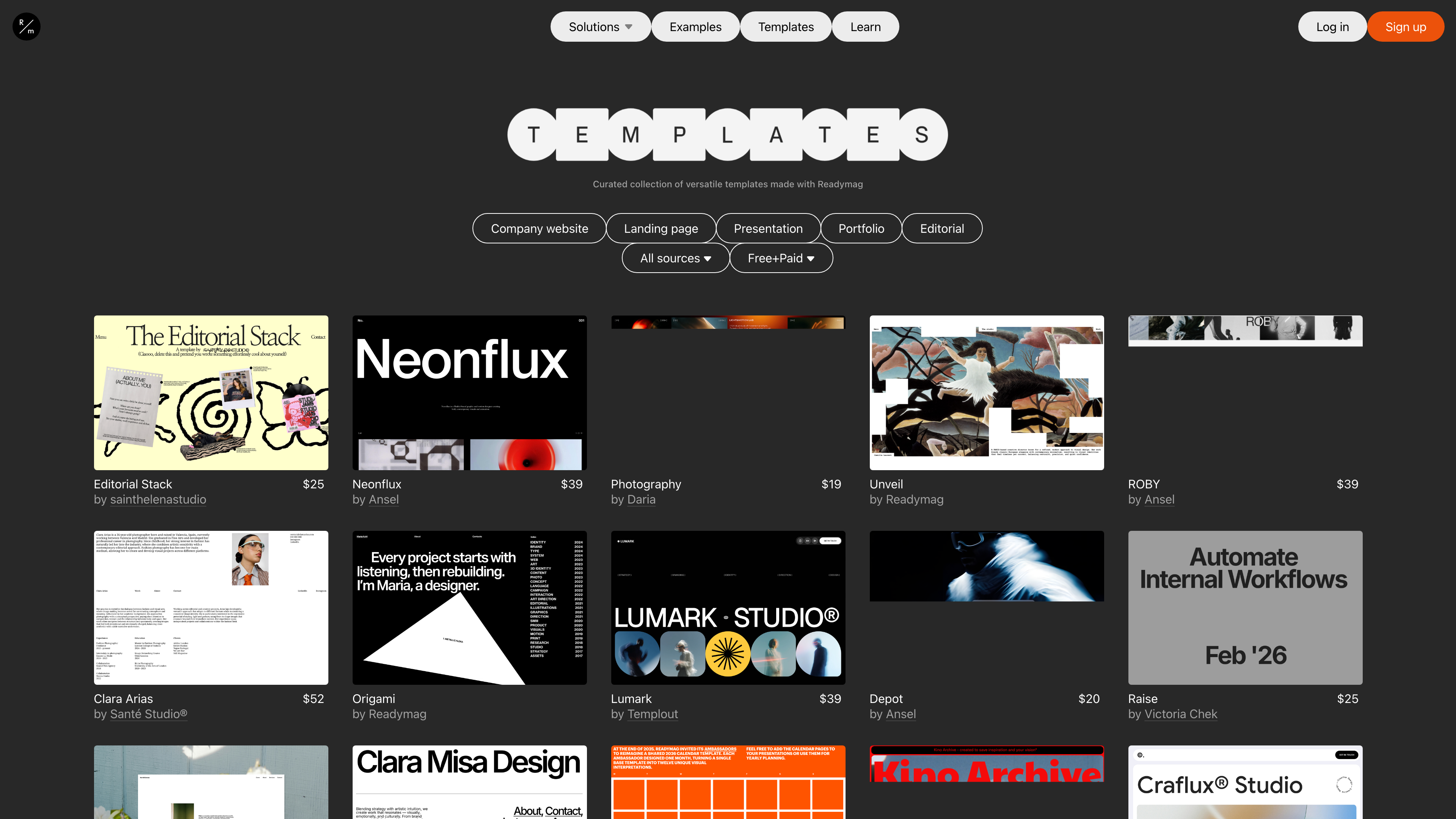 Readymag template gallery: free official templates alongside paid third-party ones