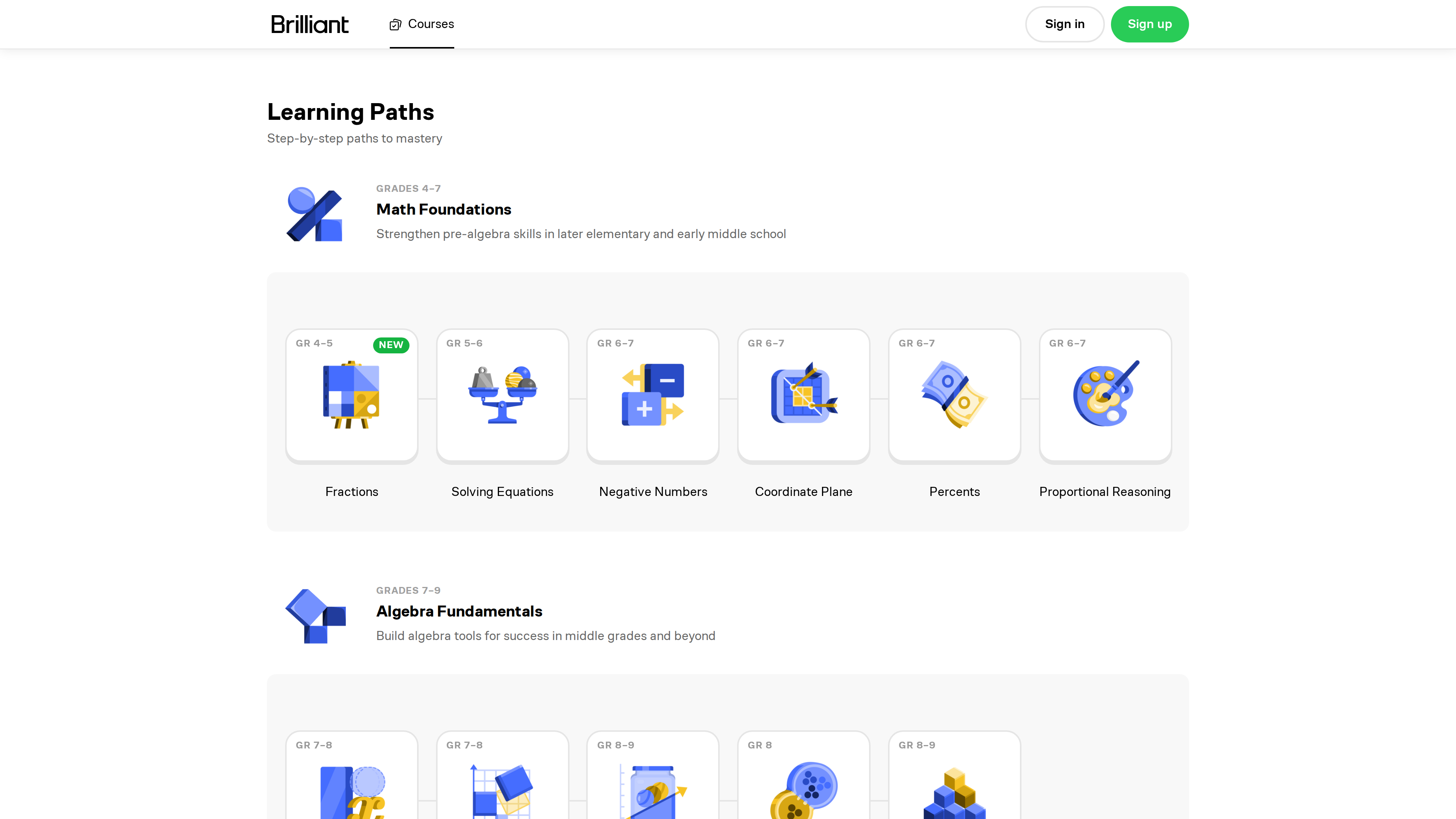Brilliant 课程目录页截图:Learning Paths 栏目展示 Math Foundations(4–7 年级)路径,含 Fractions、Solving Equations、Negative Numbers、Coordinate Plane、Percents、Proportional Reasoning 等课程卡片
