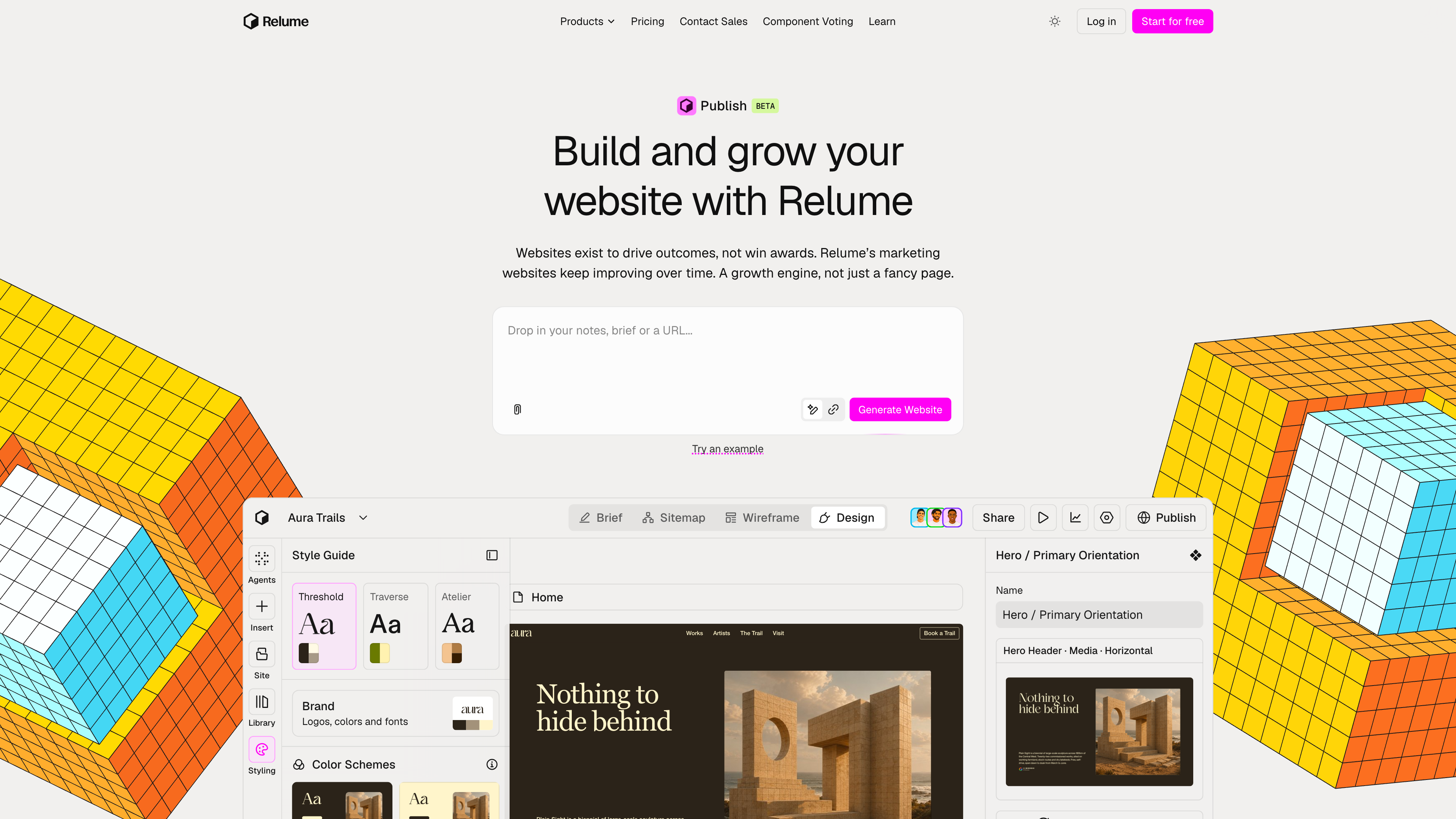 Relume Publish page: the builder's style guide panel and publish button