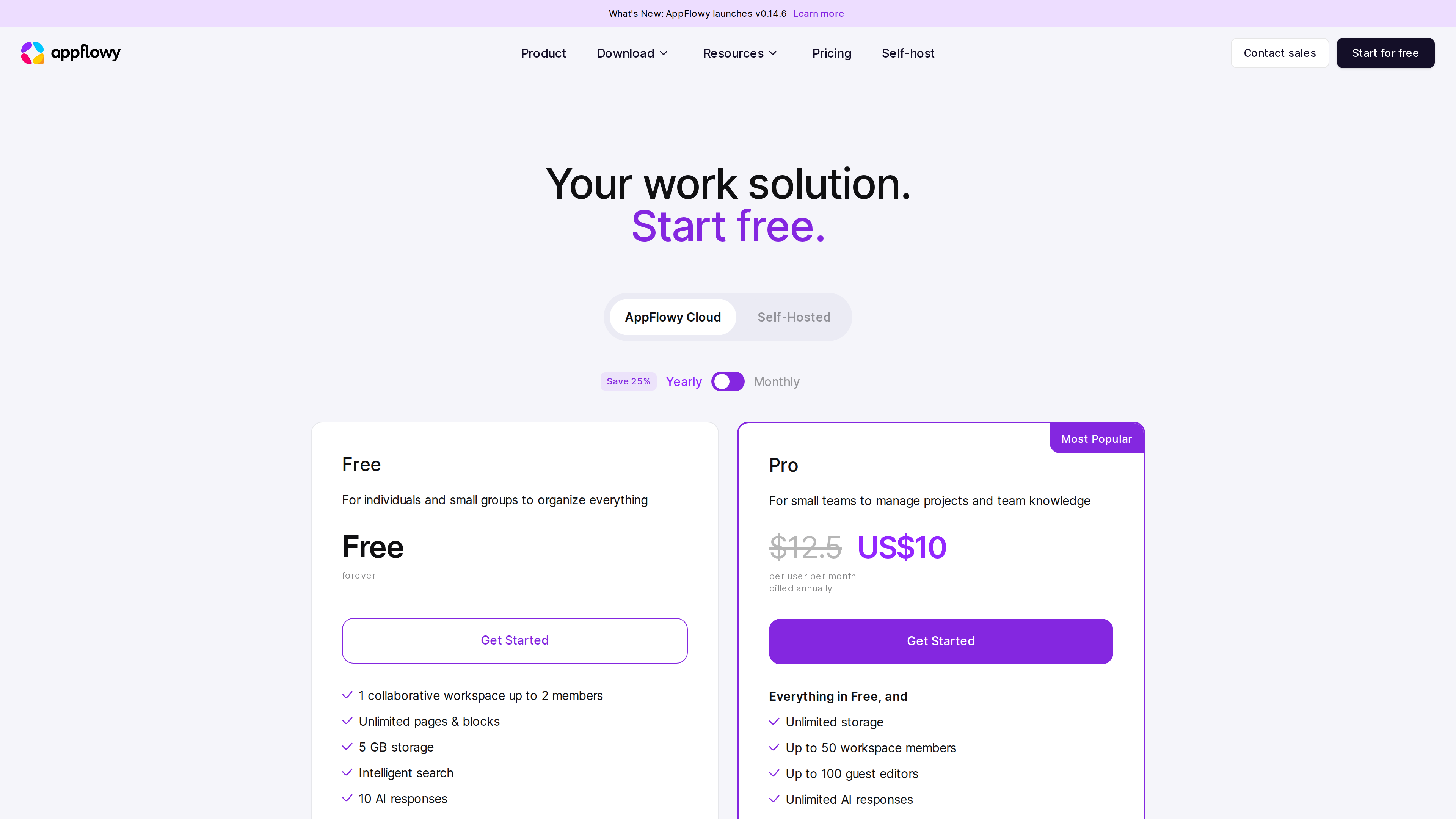 Screenshot of AppFlowy's pricing page on the AppFlowy Cloud tab: the Free plan is free forever, and Pro costs $10 per user per month with annual billing