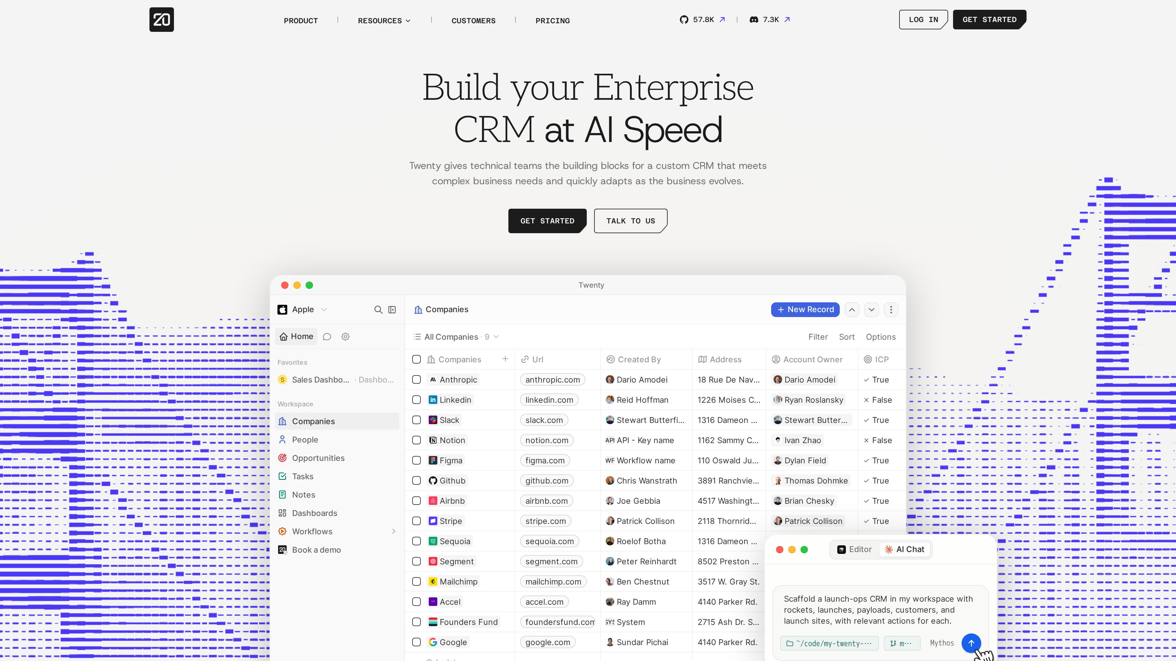 Screenshot of Twenty's homepage: hero headline "Build your Enterprise CRM at AI Speed" above a preview of the CRM's Companies table view and AI Chat panel