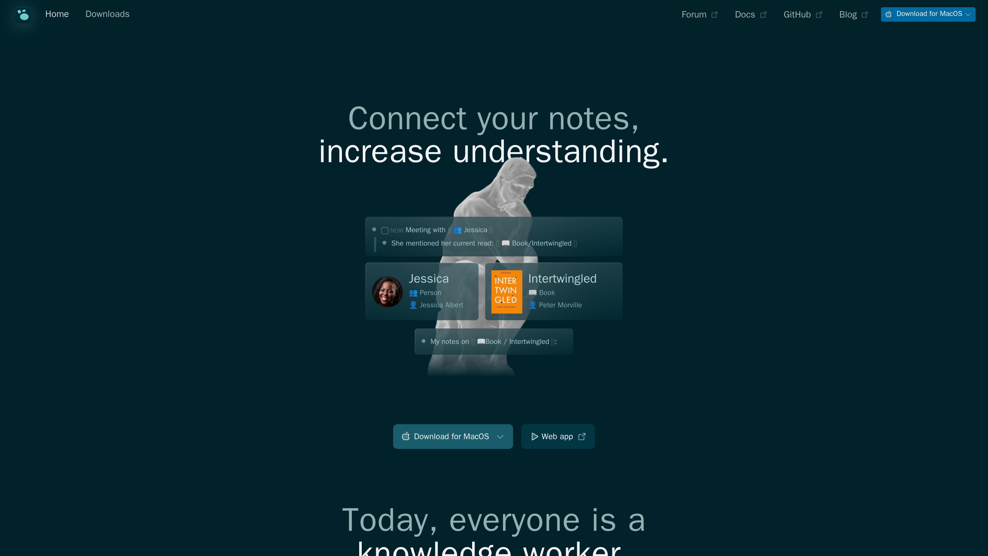 Screenshot of the Logseq homepage: the headline "Connect your notes, increase understanding." above a demo showing meeting notes linked to a person page (Jessica) and a book page (Intertwingled)