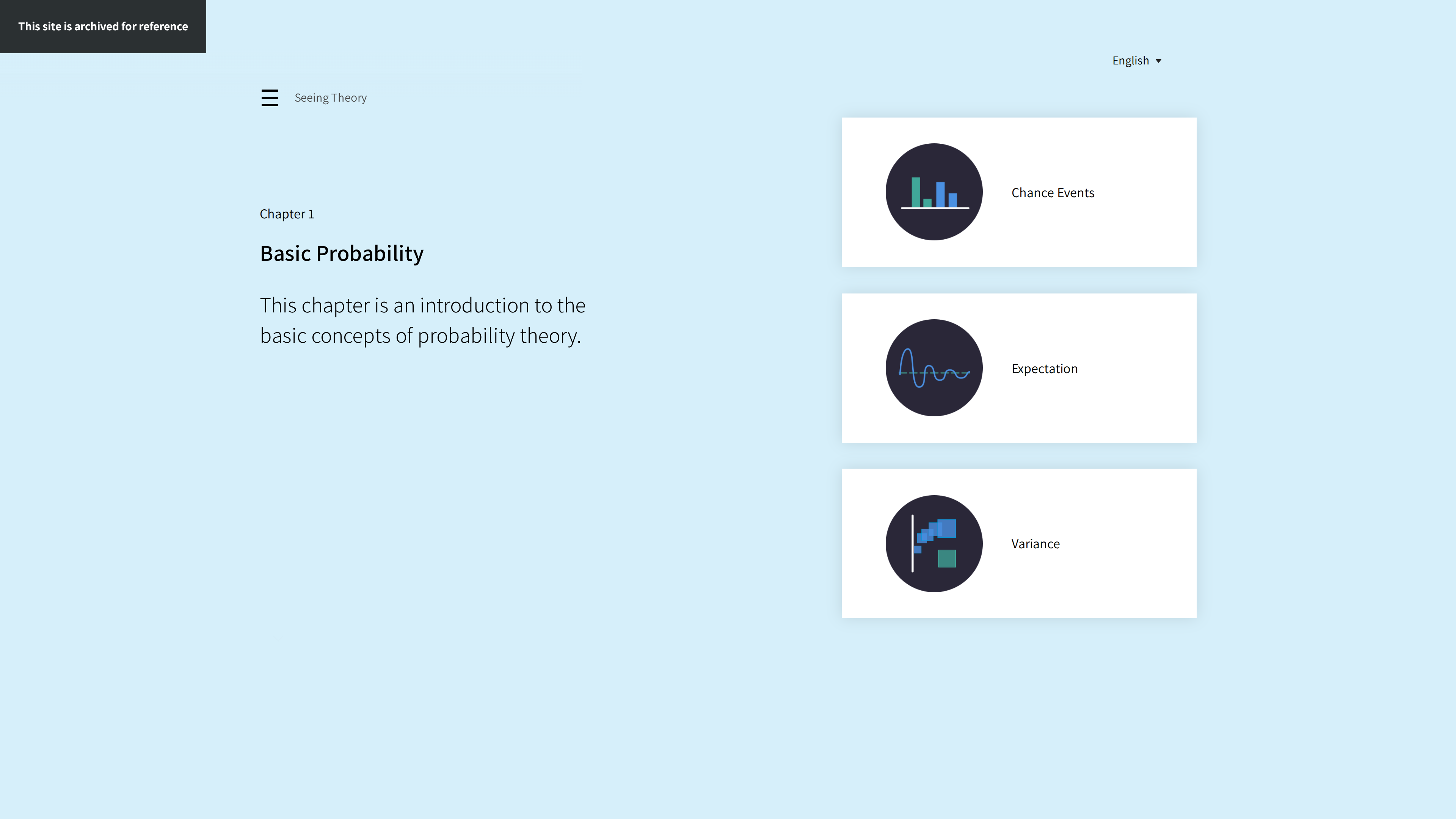 Screenshot of Seeing Theory chapter one: the Basic Probability chapter page lists three interactive sections — Chance Events, Expectation and Variance