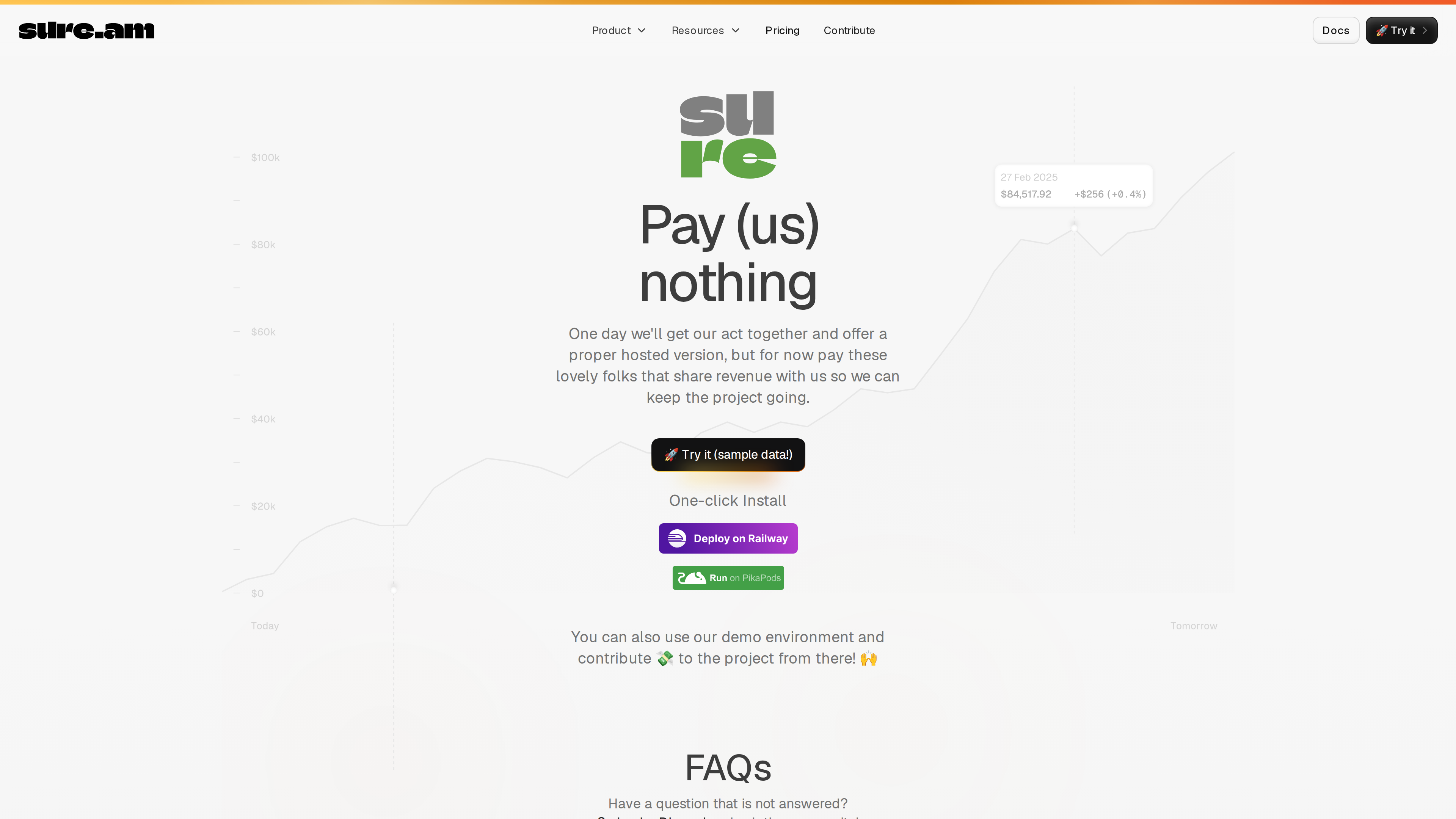 Screenshot of the Sure pricing page: under the "Pay (us) nothing" headline, Railway and PikaPods one-click deploy buttons stand in for a hosted plan