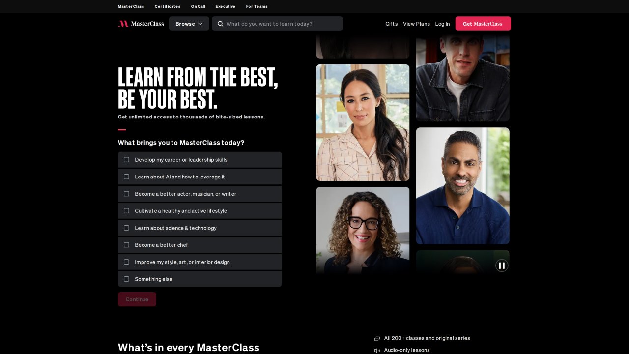 Screenshot of the MasterClass homepage