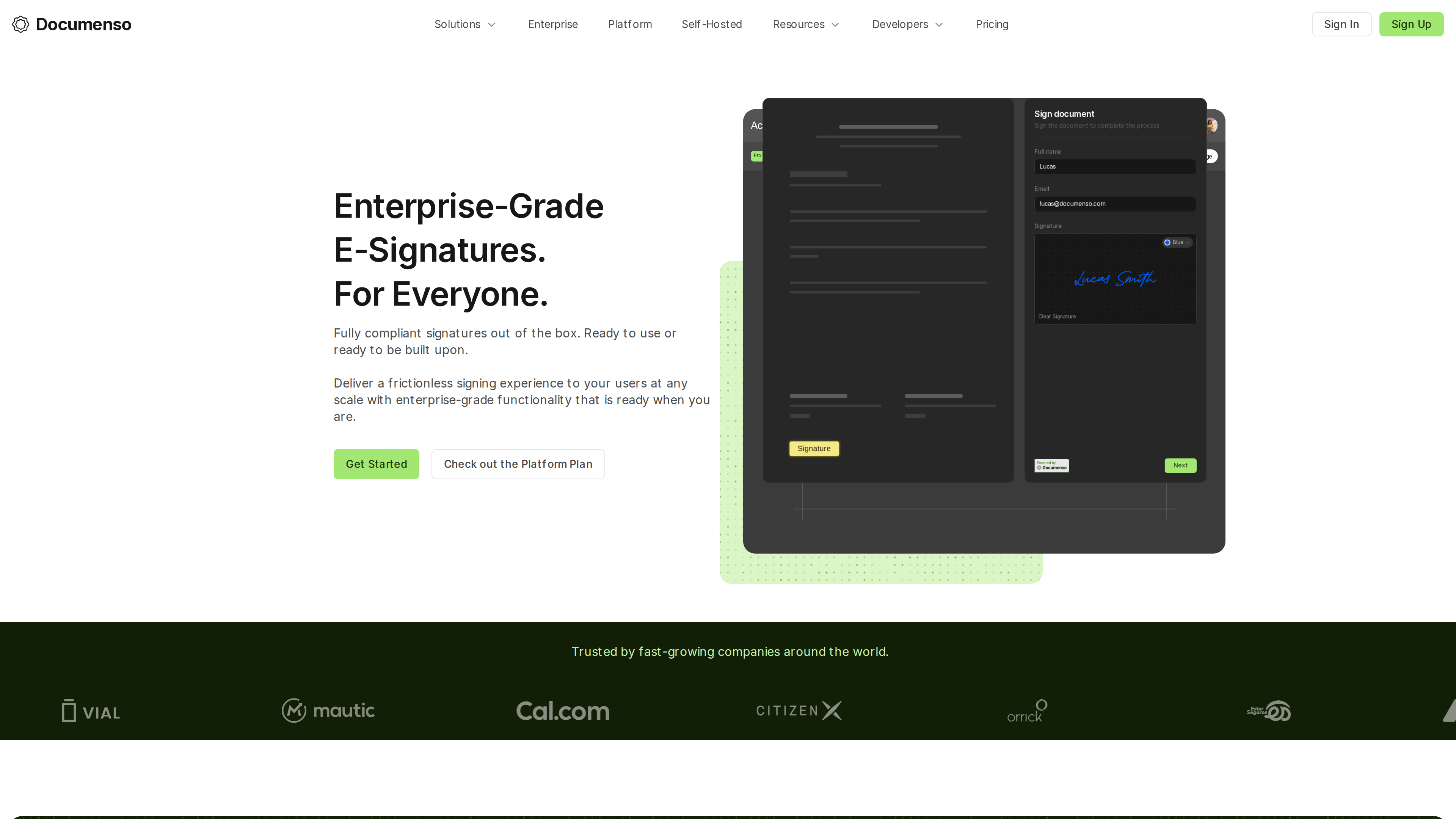 Screenshot of Documenso's homepage: hero headline "Enterprise-Grade E-Signatures. For Everyone." with an embedded signing interface on the right