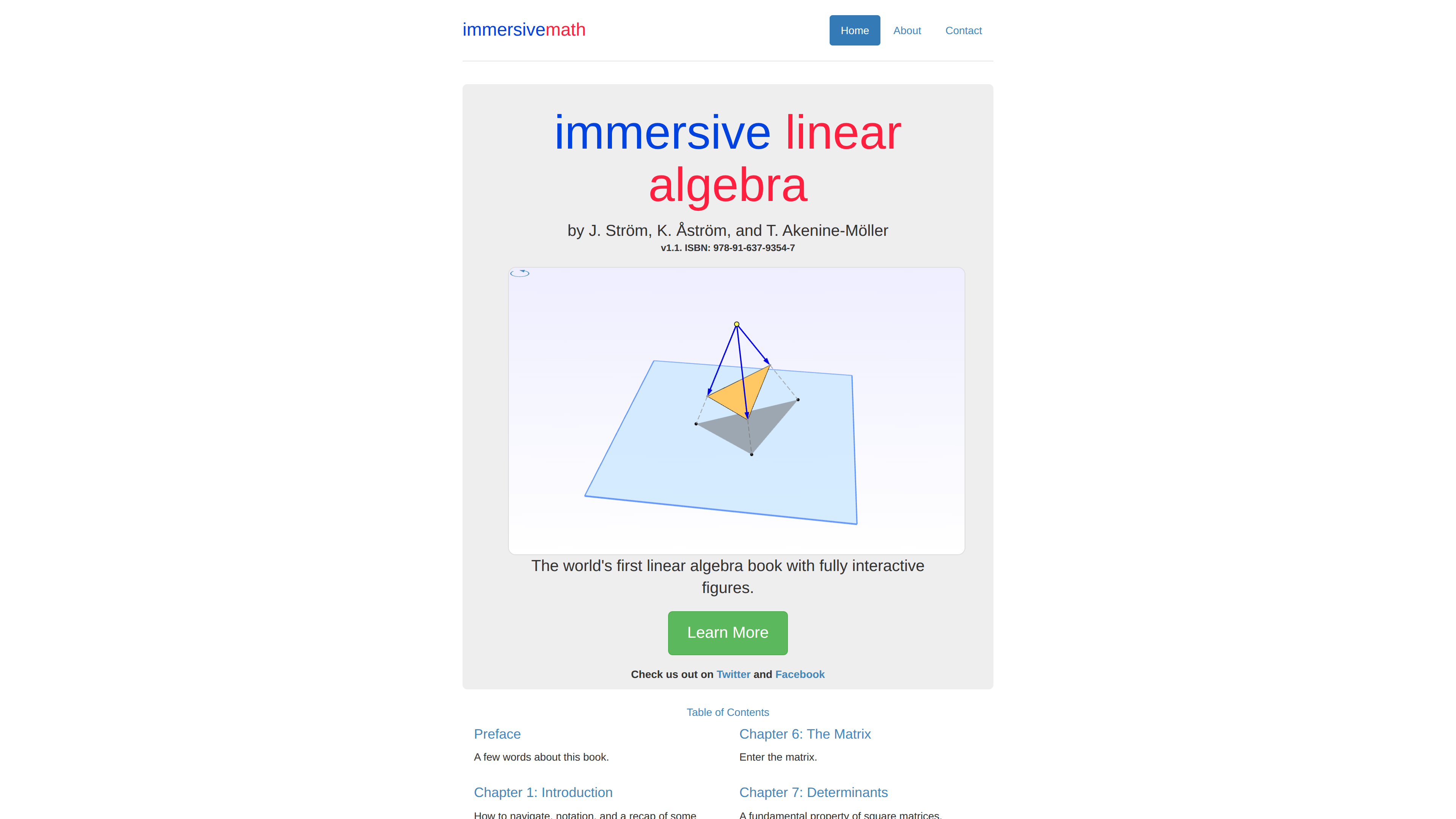 Immersive Math 首页(目录)截图:列出从前言到特征值的十章结构