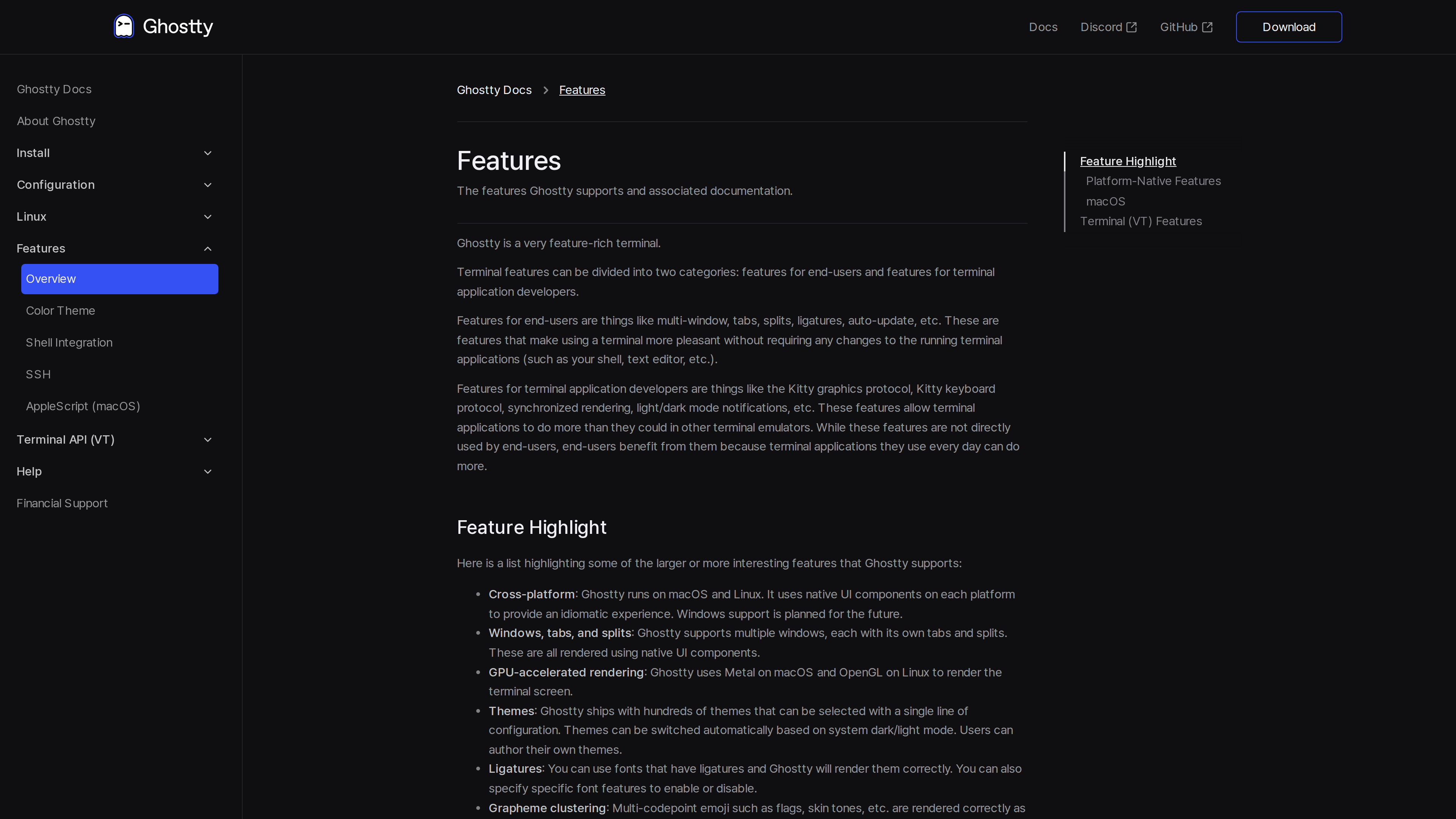 Ghostty documentation features page