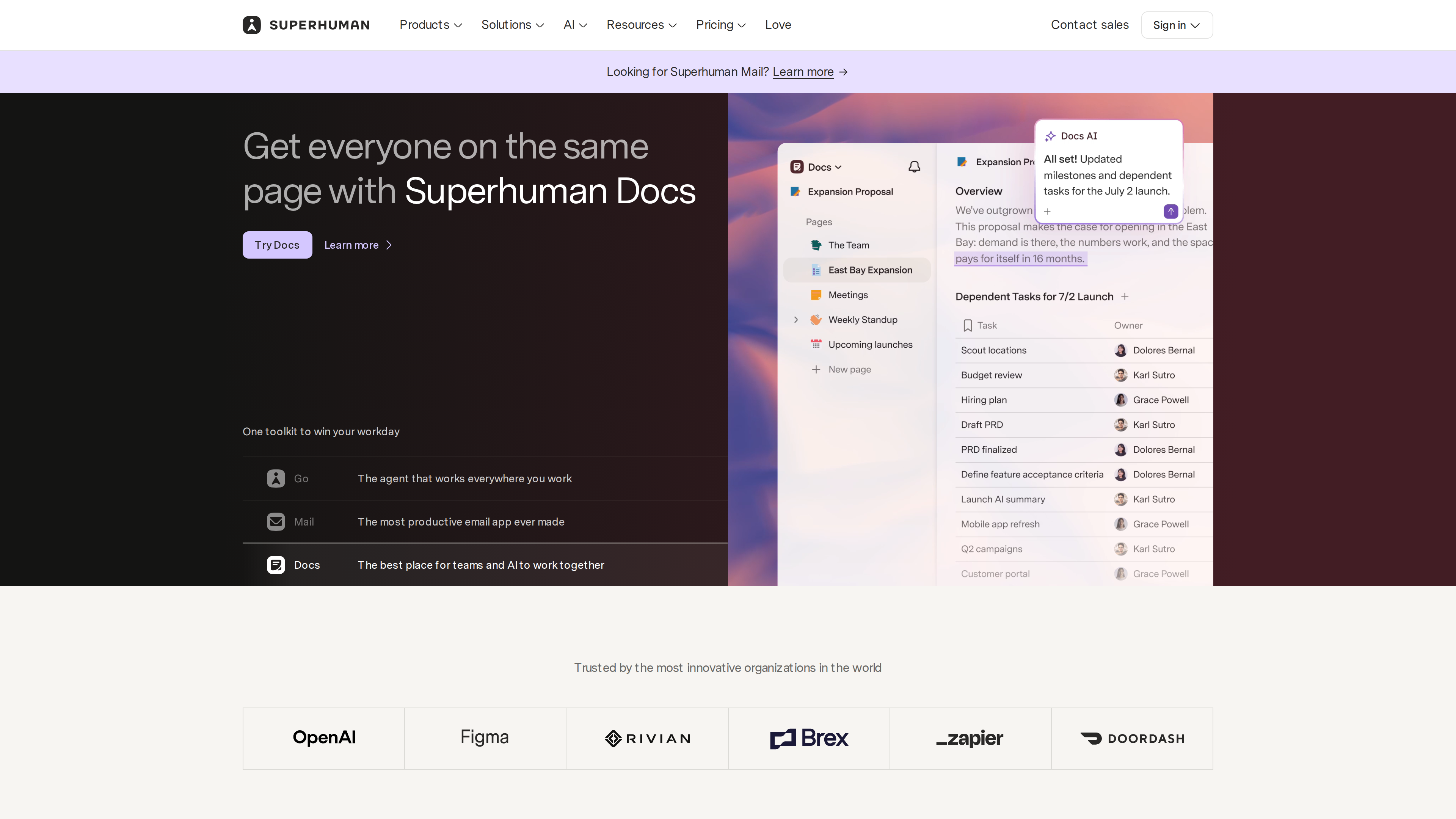 Screenshot of the superhuman.com homepage: the hero carousel showing the Superhuman Docs panel, with a Go / Mail / Docs product switcher on the left and a customer logo wall including OpenAI and Figma below