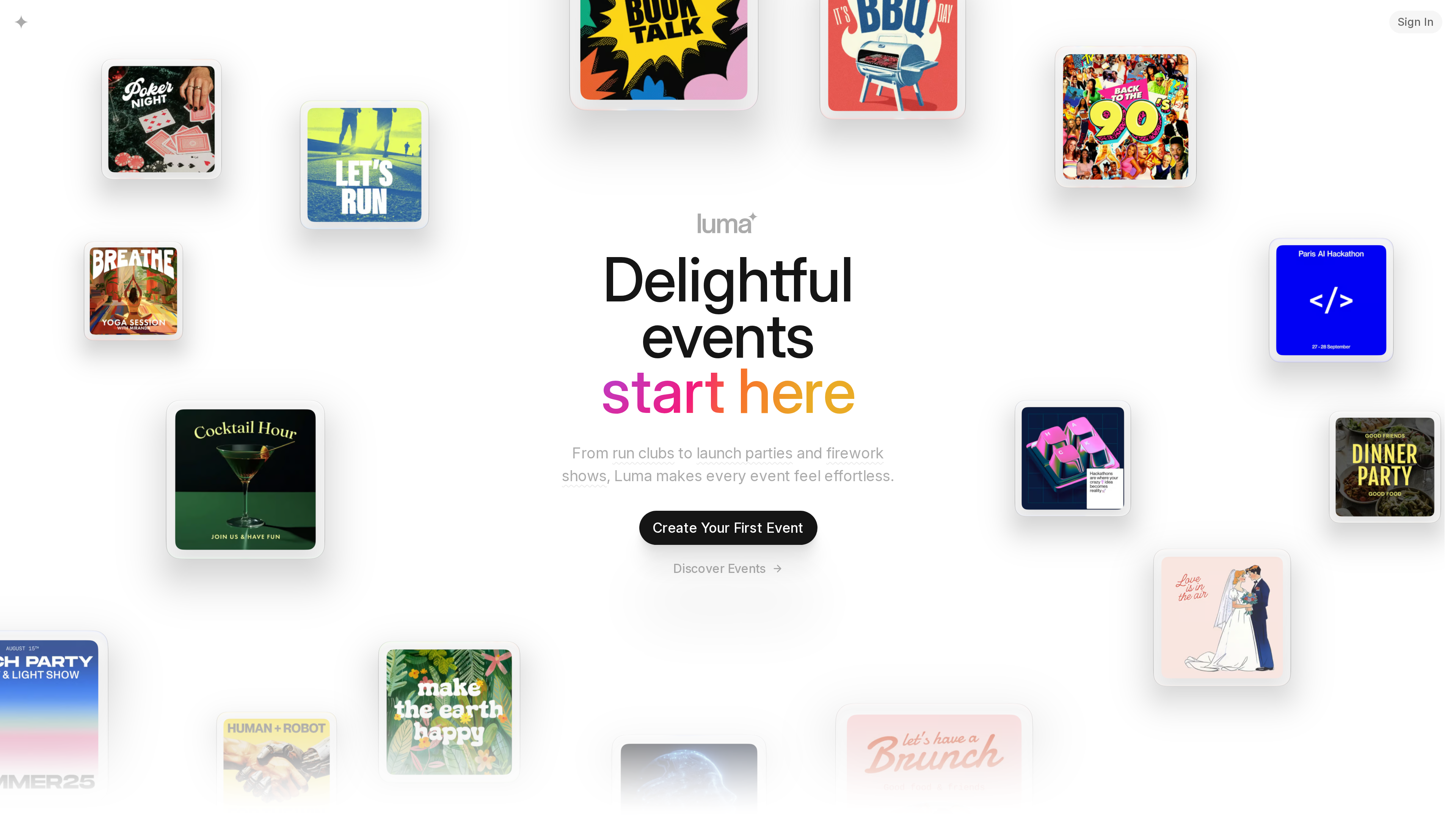 Screenshot of the Luma homepage: the hero headline "Delightful events start here" surrounded by an animated wall of event covers for run clubs, poker nights, hackathons and dinner parties
