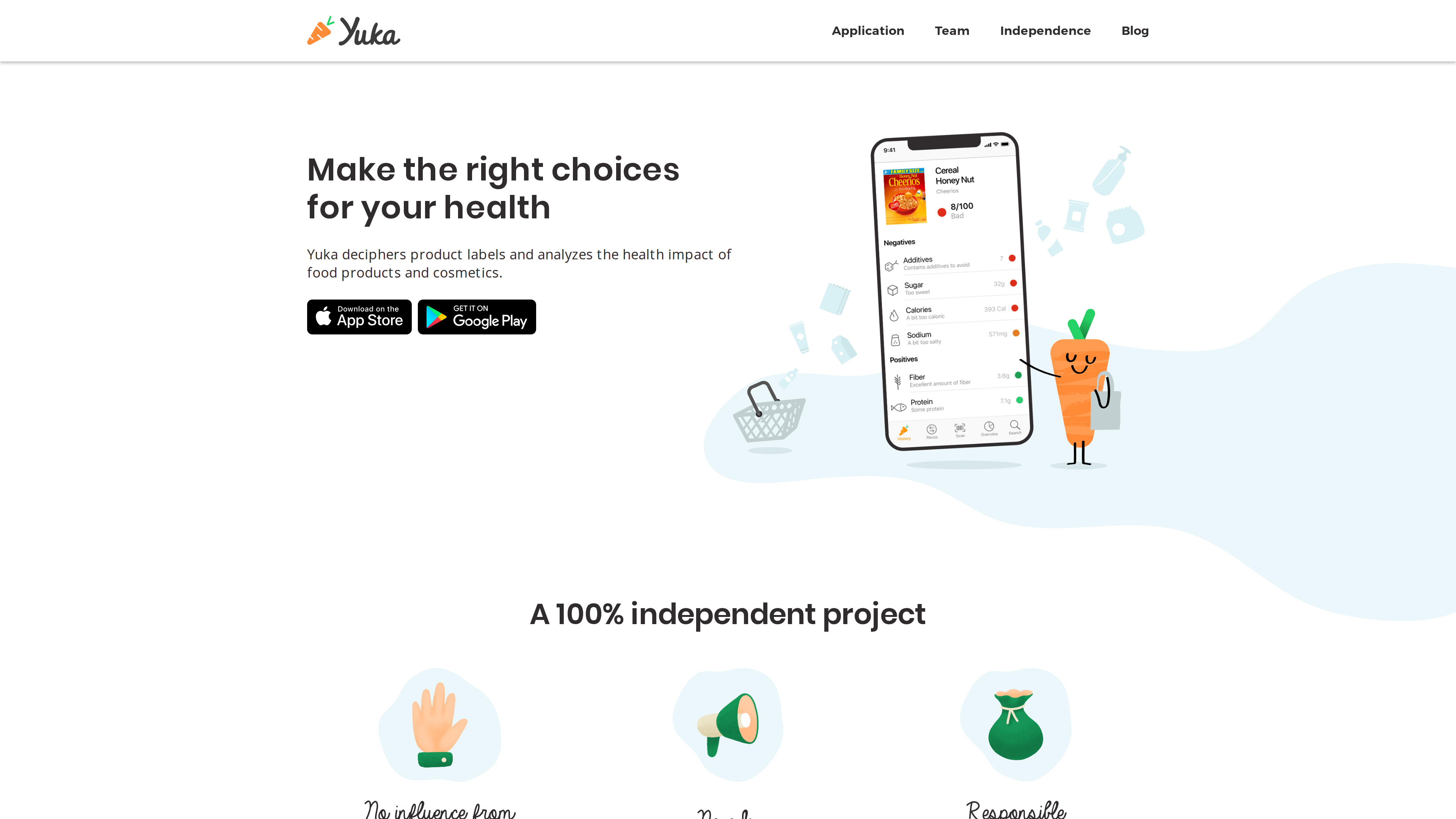 Screenshot of the Yuka homepage: "Make the right choices for your health" beside a phone demo scoring a cereal 8/100 Bad with red negatives and green positives, plus the carrot mascot
