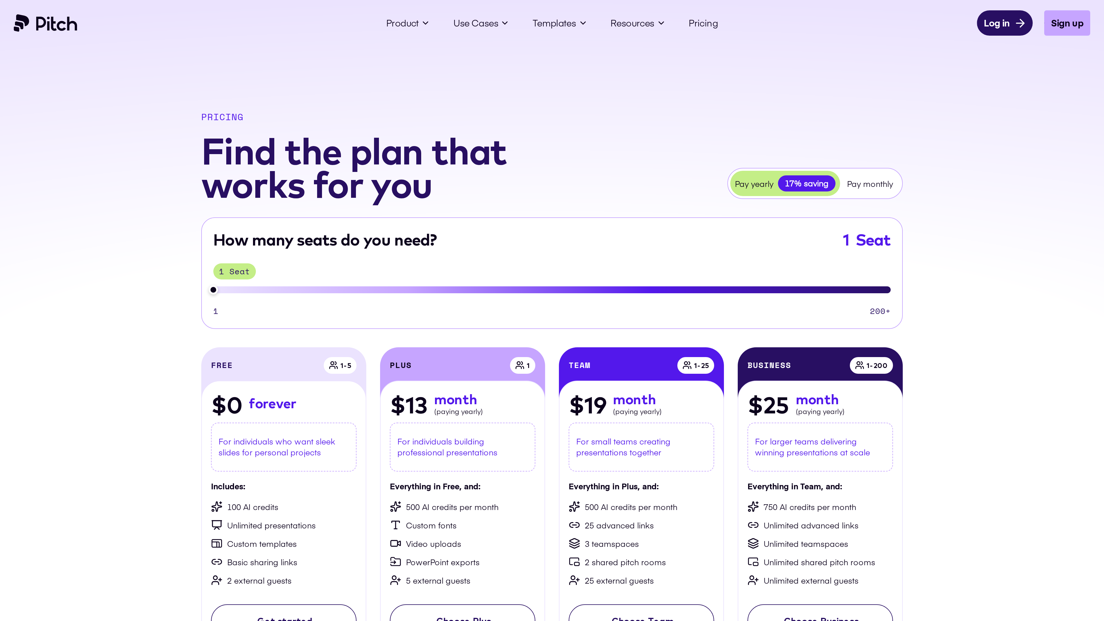 Screenshot of the Pitch pricing page: Free, Plus (<span class="katex"><span class="katex-mathml"><math xmlns="http://www.w3.org/1998/Math/MathML"><semantics><mrow><mn>13</mn><mi mathvariant="normal">/</mi><mi>m</mi><mi>o</mi><mi>n</mi><mi>t</mi><mi>h</mi><mo stretchy="false">)</mo><mo separator="true">,</mo><mi>T</mi><mi>e</mi><mi>a</mi><mi>m</mi><mo stretchy="false">(</mo></mrow><annotation encoding="application/x-tex">13/month), Team (</annotation></semantics></math></span><span class="katex-html" aria-hidden="true"><span class="katex-base"><span class="katex-strut" style="height:1em;vertical-align:-0.25em;"></span><span class="mord">13/</span><span class="mord mathnormal">m</span><span class="mord mathnormal">o</span><span class="mord mathnormal">n</span><span class="mord mathnormal">t</span><span class="mord mathnormal">h</span><span class="mclose">)</span><span class="mpunct">,</span><span class="mspace" style="margin-right:0.1667em;"></span><span class="mord mathnormal" style="margin-right:0.1389em;">T</span><span class="mord mathnormal">e</span><span class="mord mathnormal">am</span><span class="mopen">(</span></span></span></span>19/month) and Business ($25/month) side by side, per-seat yearly prices