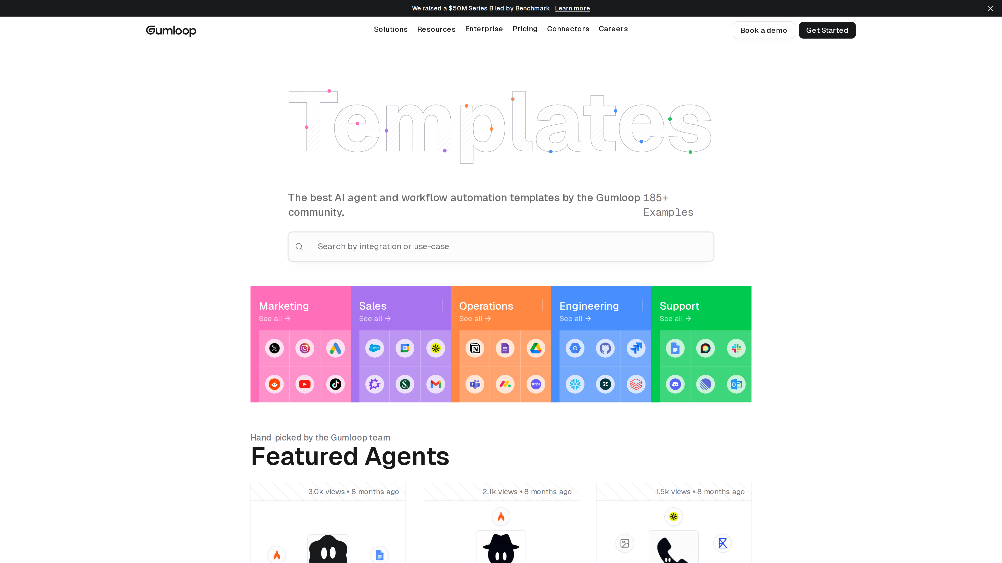 Gumloop templates page showing 185+ community templates organized into Marketing, Sales, Operations, Engineering, and Support