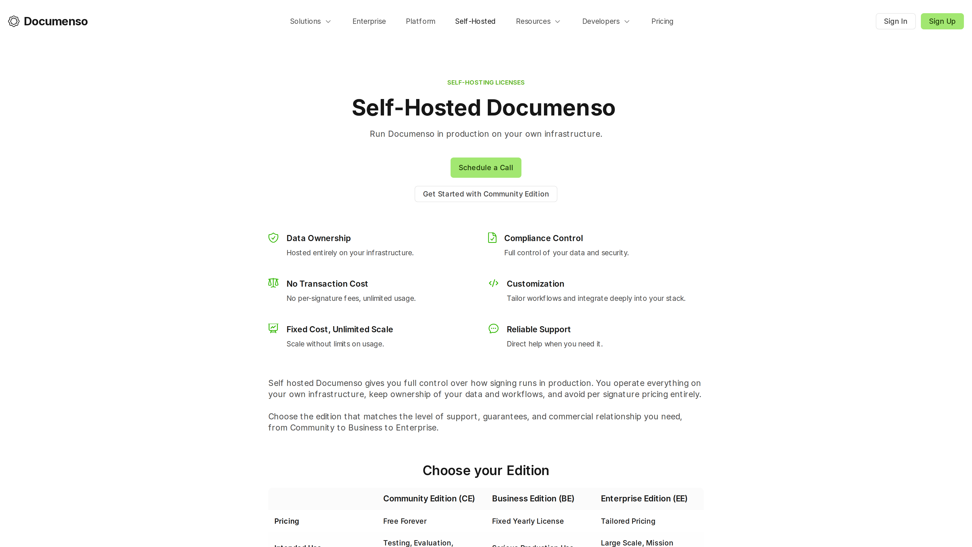 Screenshot of Documenso's self-hosted page: Self-Hosted Documenso with data ownership and no per-signature fees, plus the CE/BE/EE edition comparison