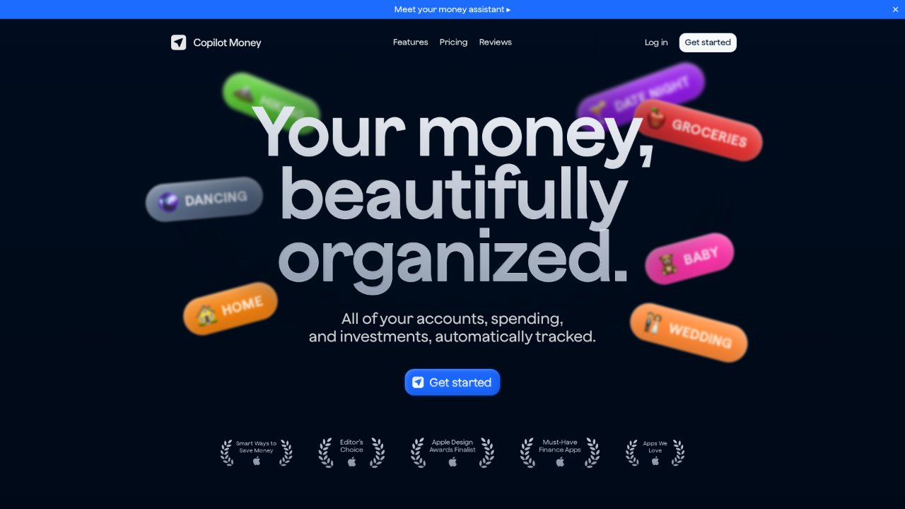 Screenshot of the Copilot Money homepage: the headline "Your money, beautifully organized." on a dark background, surrounded by colorful budget-category chips like Groceries, Home and Wedding, with five Apple feature badges below