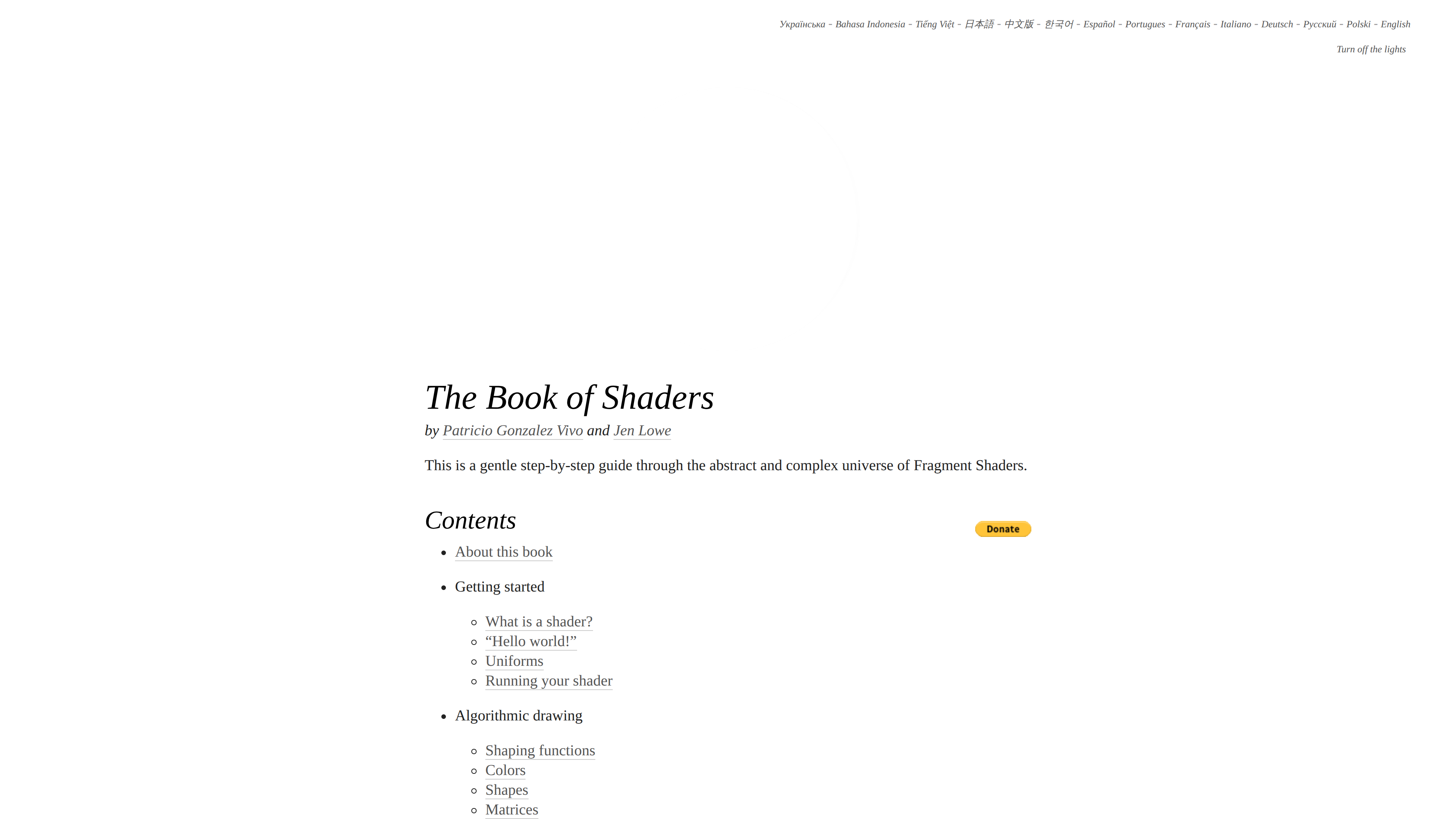 Screenshot of The Book of Shaders homepage listing the chapter structure and 14 language options