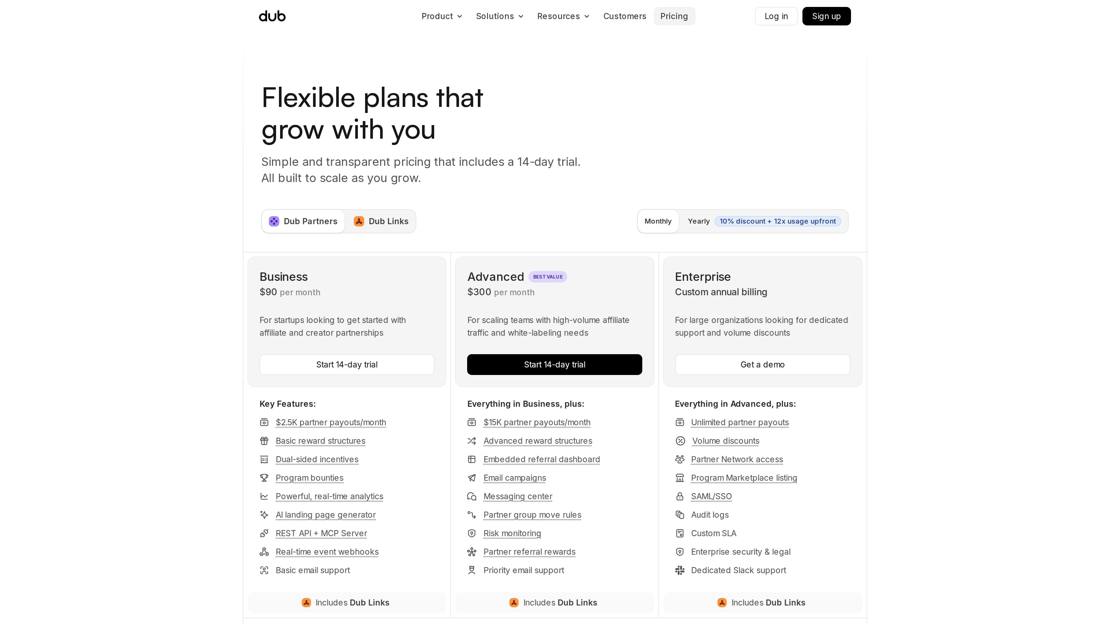 Screenshot of the Dub Partners pricing page: Business at $90/month (payouts capped at $2.5K/month), Advanced at $300/month ($15K/month cap), Enterprise custom