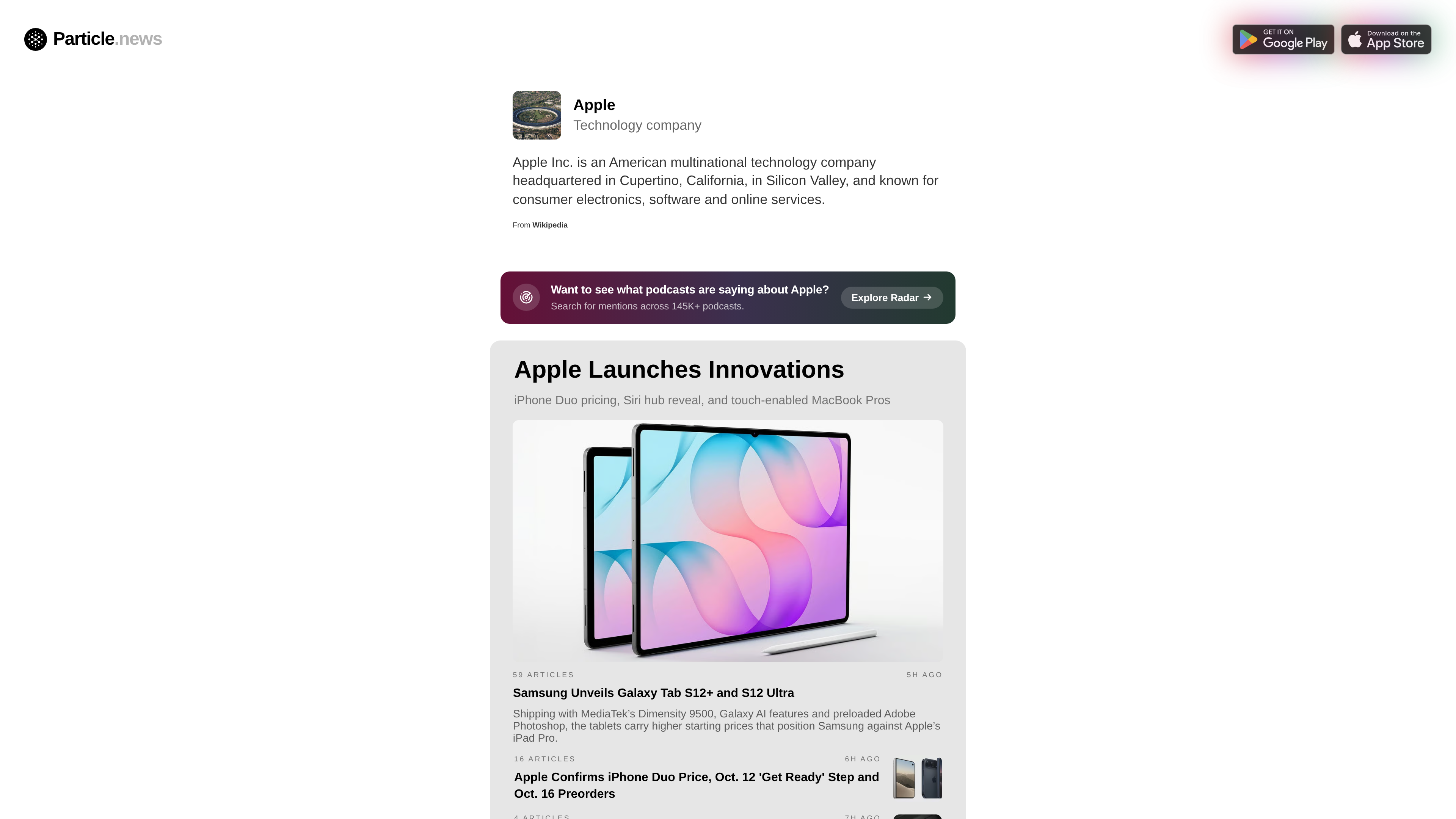 Entity page example: Apple's background description attributed to Wikipedia, followed by aggregated related stories and a podcast search entry point