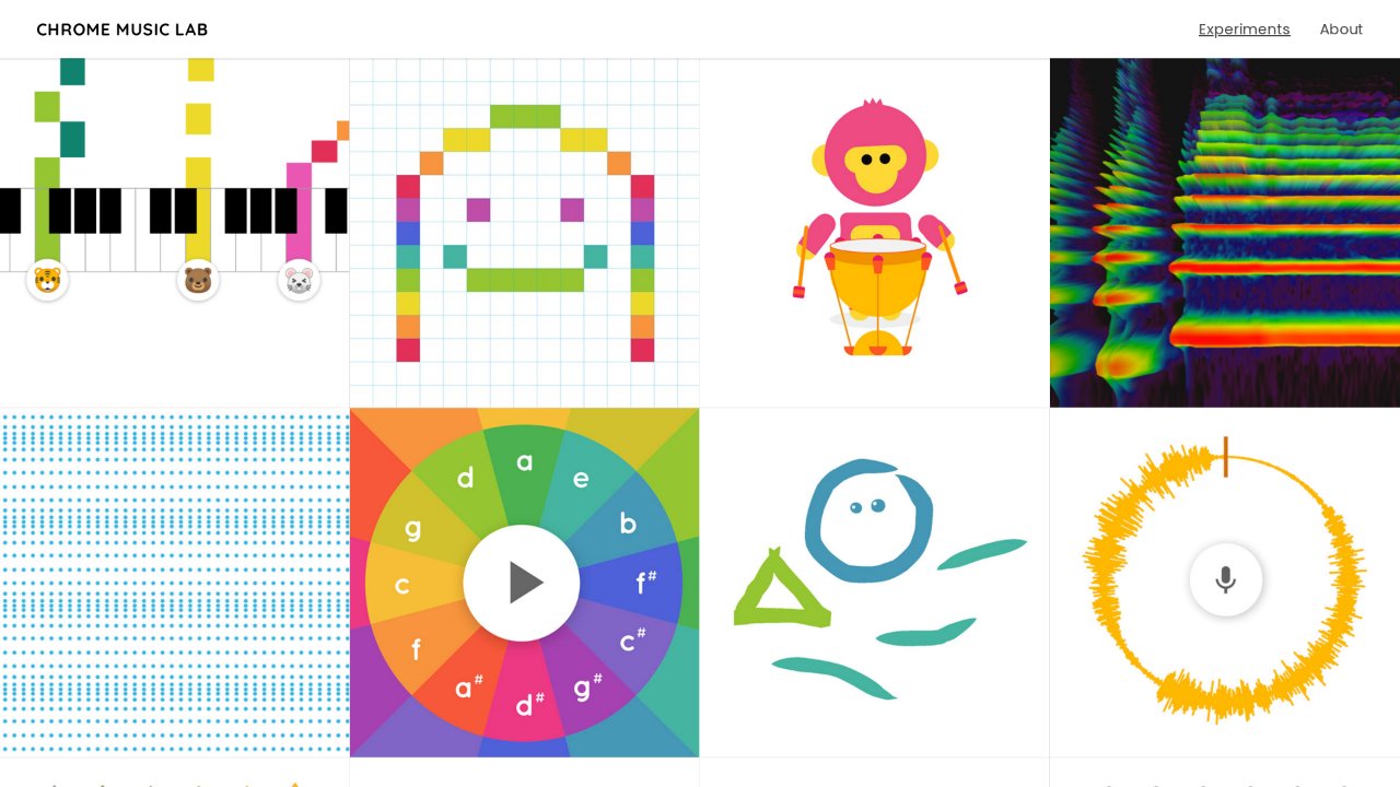 Chrome Music Lab 首頁截圖:以卡片網格排列的音樂實驗入口