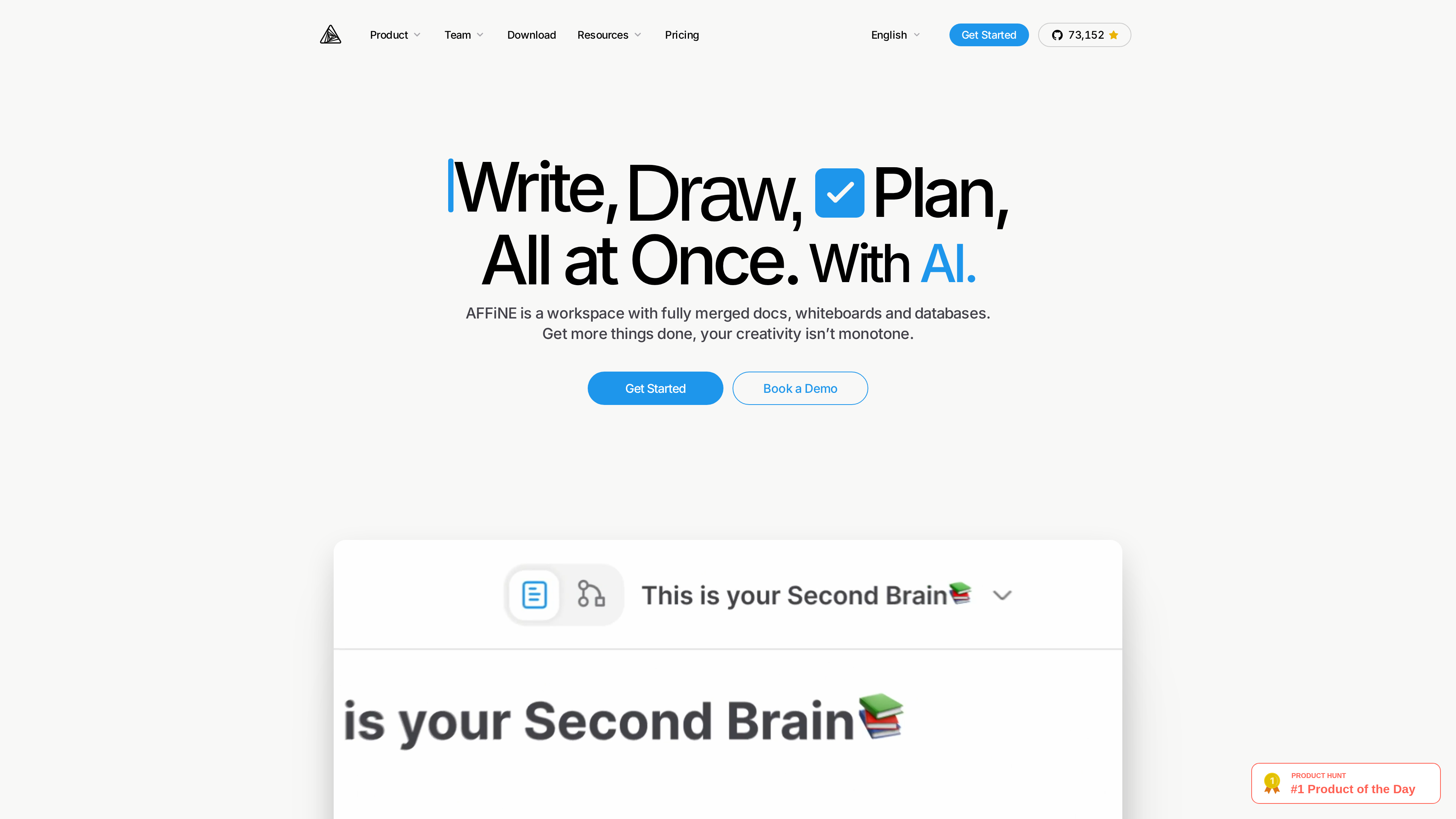 Screenshot of the AFFiNE homepage: hero headline "Write, Draw, Plan, All at Once. With AI." above a preview of the product showing a "Second Brain" doc with its page/whiteboard mode toggle