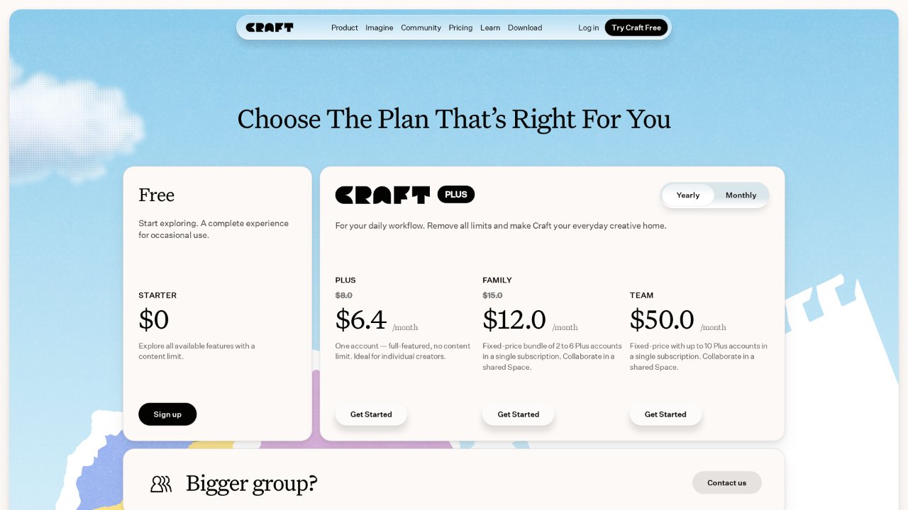 Craft pricing page screenshot: Free at $0 next to Craft Plus tiers — Plus at $6.4/month billed yearly, Family at $12/month and Team at $50/month