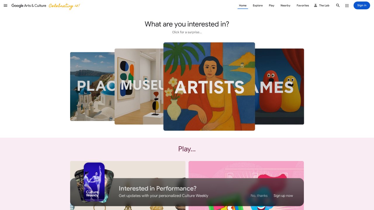 Google Arts & Culture 首頁截圖：Places、Museums、Artists、Games 入口卡片