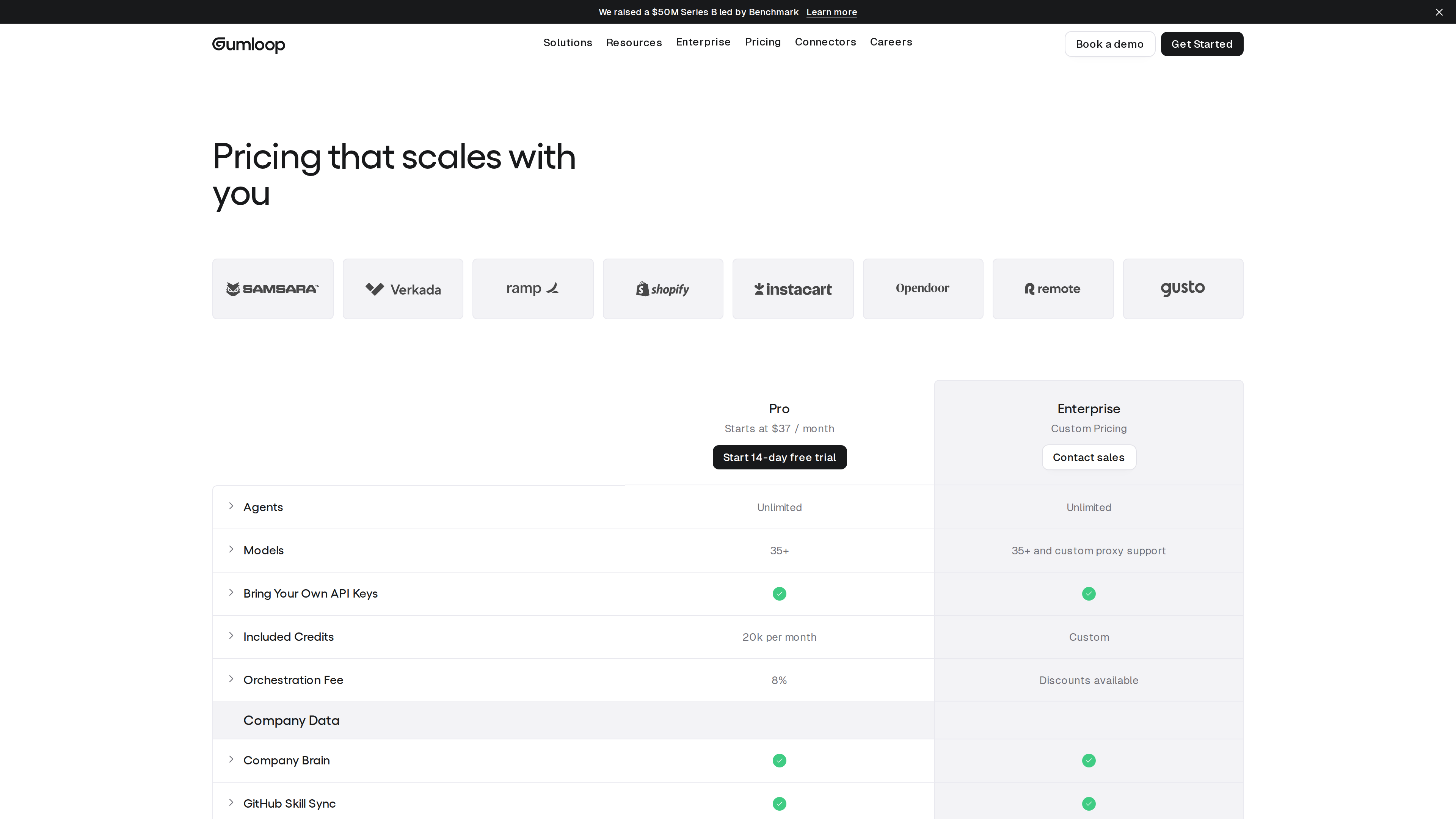 Gumloop pricing page: Pro from $37/month and Enterprise custom pricing, with a feature-by-feature comparison table