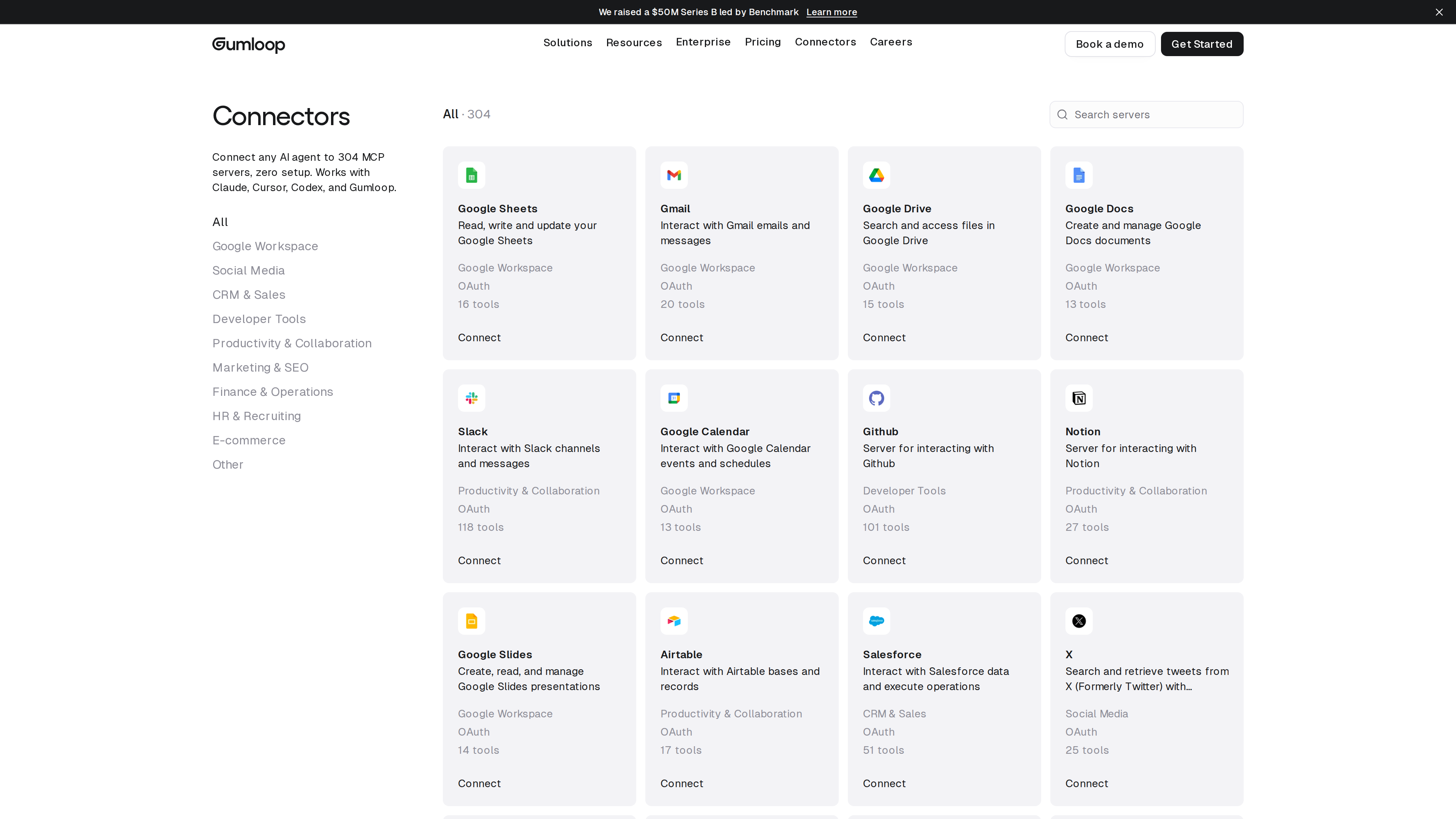 Gumloop connector directory listing 304 MCP connectors, with a category sidebar and cards for Google Sheets, Gmail, Slack, and others showing tool counts