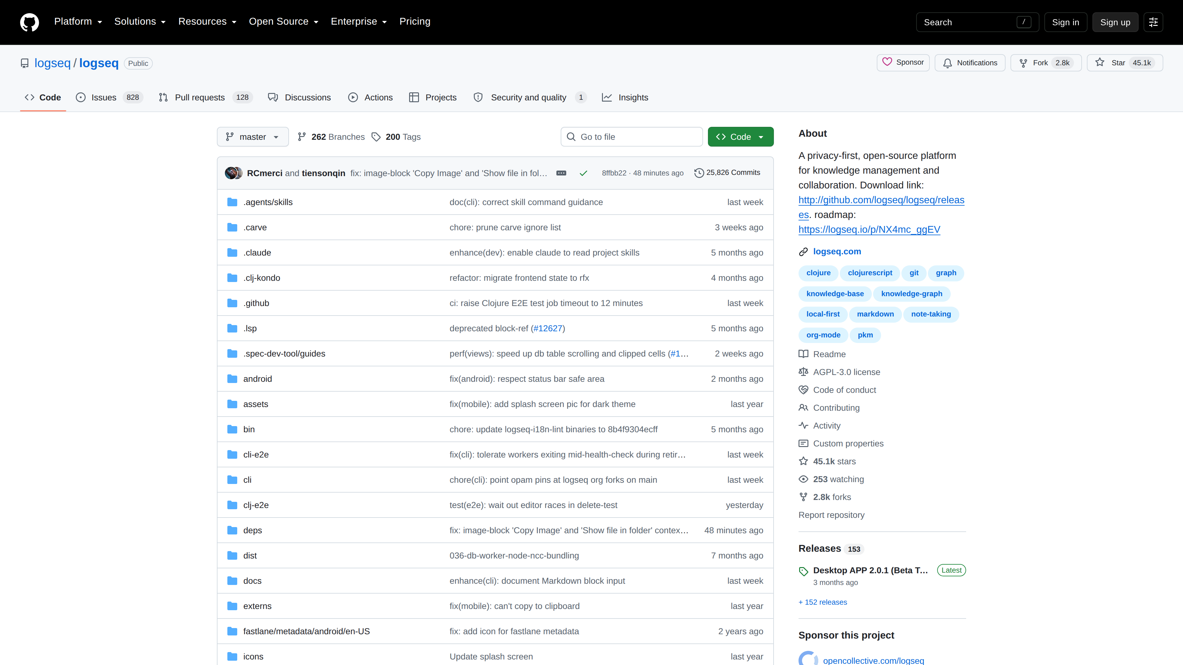 Screenshot of the Logseq GitHub repository page showing 45.1k stars, the AGPL-3.0 license tag, topics such as local-first and markdown, and the latest 2.0.1 Beta release