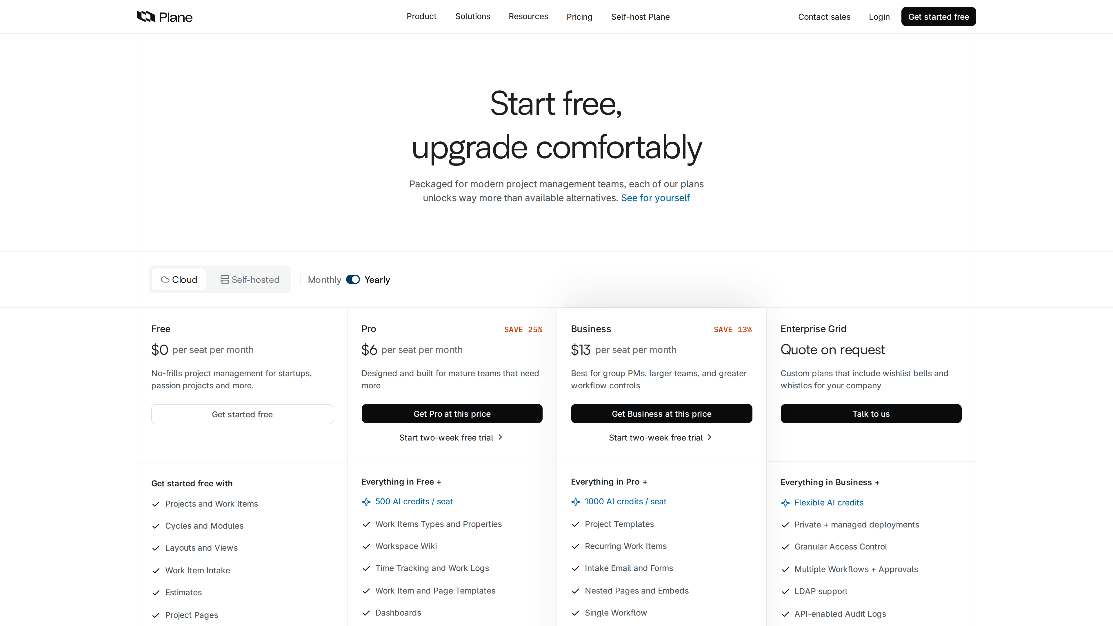 Screenshot of Plane's pricing page with yearly billing selected: Free at $0, Pro at $6 per seat per month, Business at $13 per seat per month, and Enterprise Grid by quote