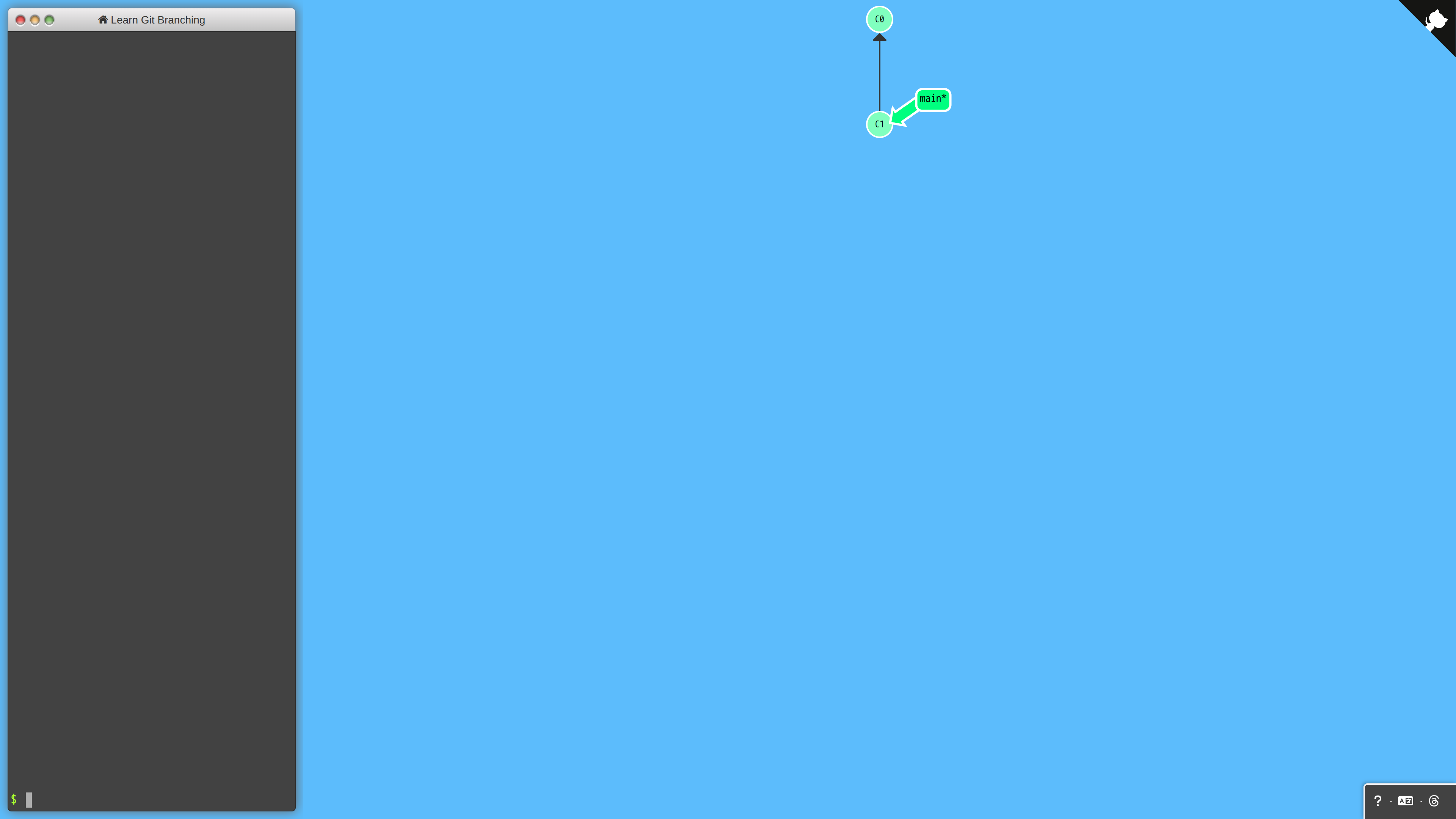 Screenshot of the Learn Git Branching sandbox: the commit tree shows nodes C0 and C1 with the main branch pointer rendered graphically
